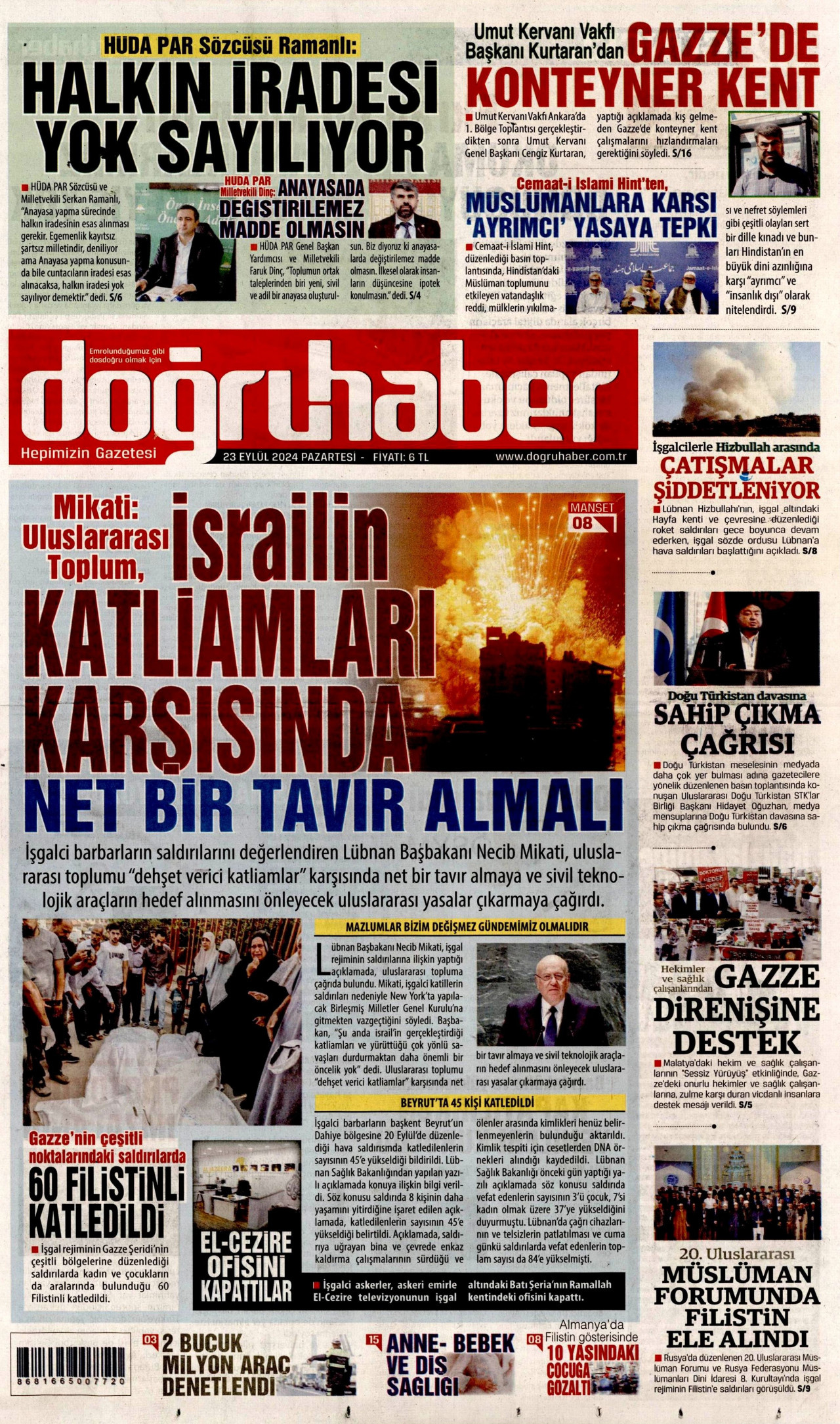 DOĞRU HABER gazetesinin 23 Eylül 2024 tarihli birinci sayfası
