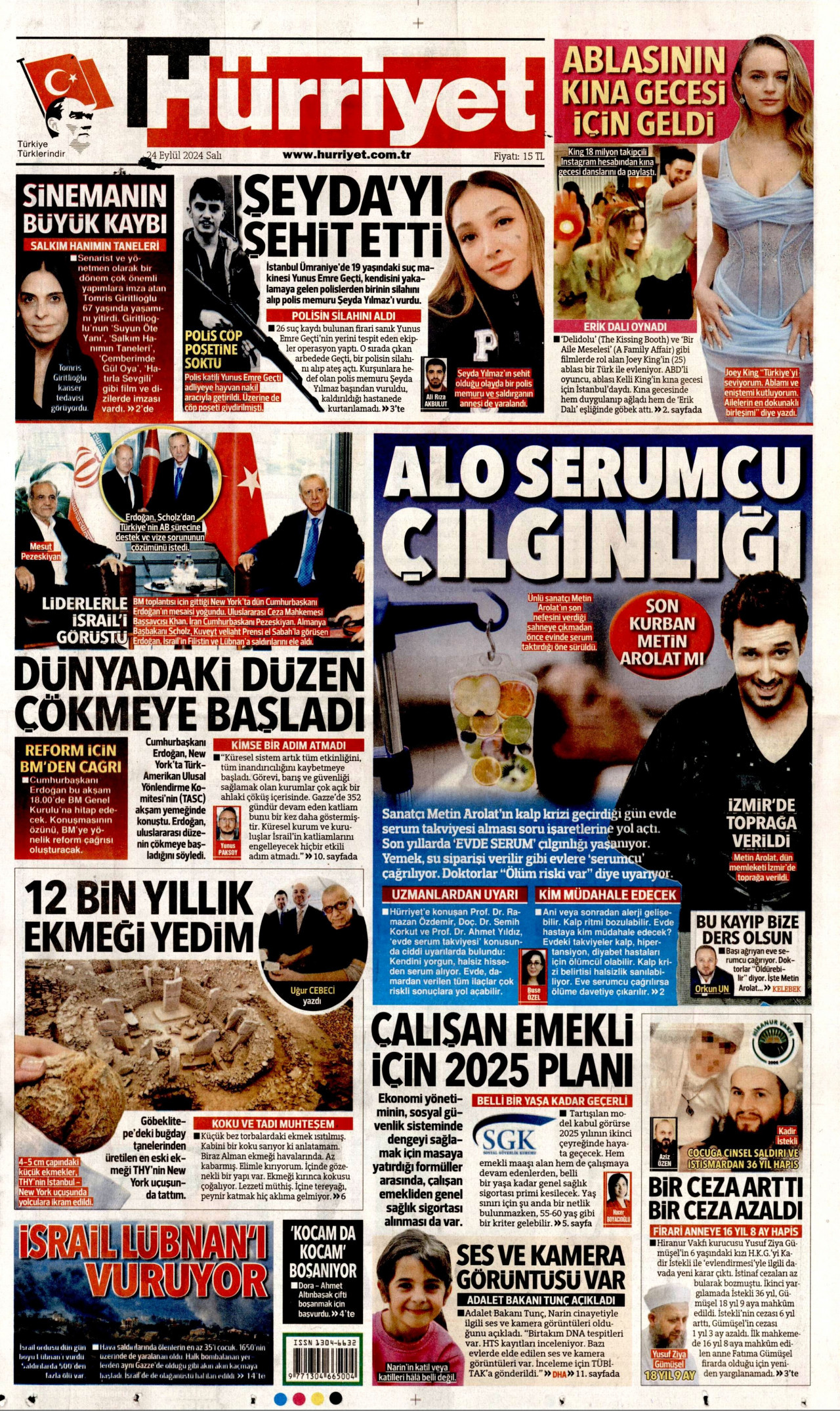 HÜRRİYET gazetesinin 24 Eylül 2024 tarihli birinci sayfası