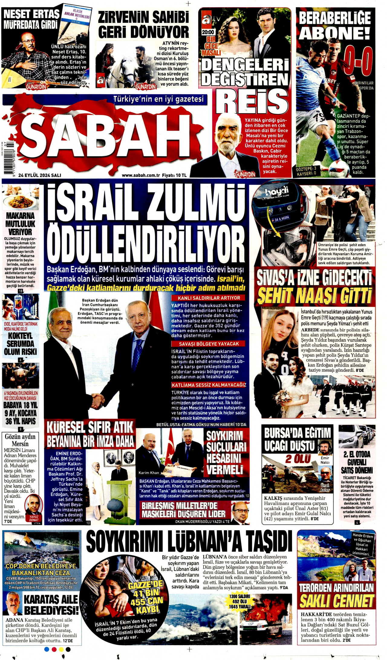 SABAH gazetesinin 24 Eylül 2024 tarihli birinci sayfası