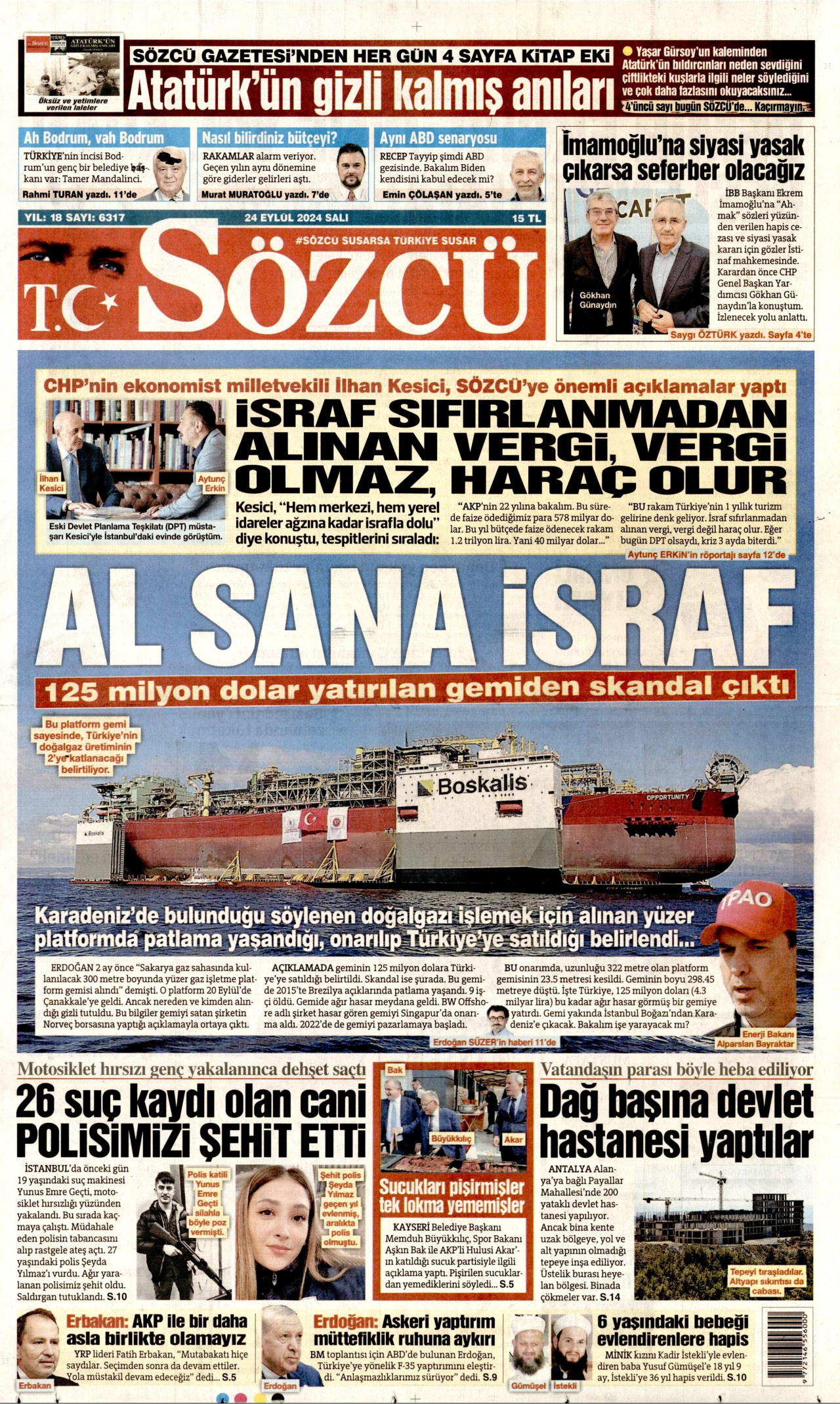 SÖZCÜ gazetesinin 24 Eylül 2024 tarihli birinci sayfası