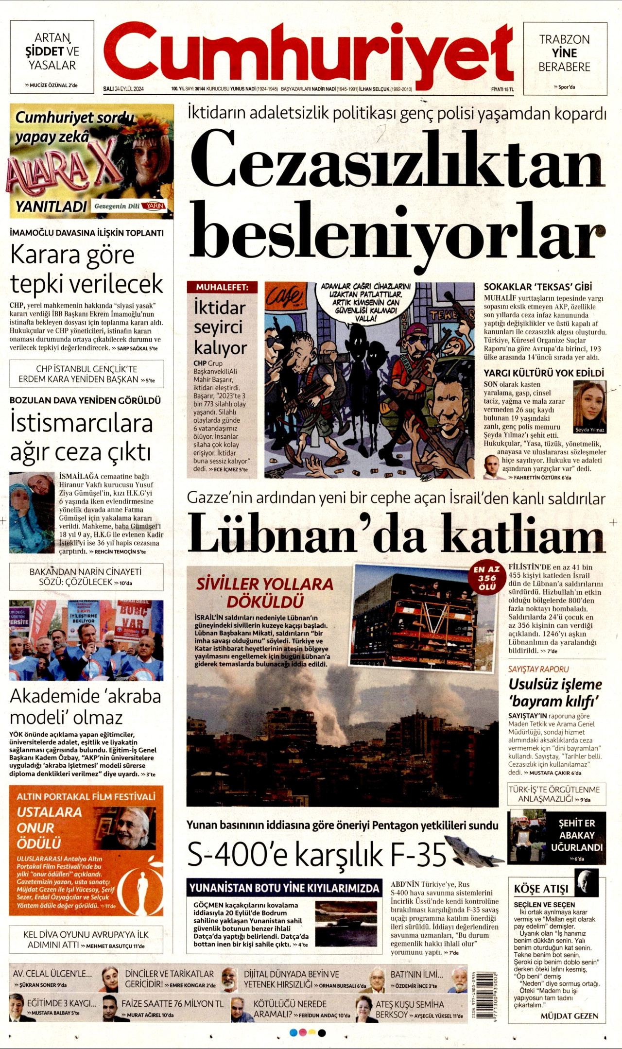 CUMHURİYET gazetesinin 24 Eylül 2024 tarihli birinci sayfası