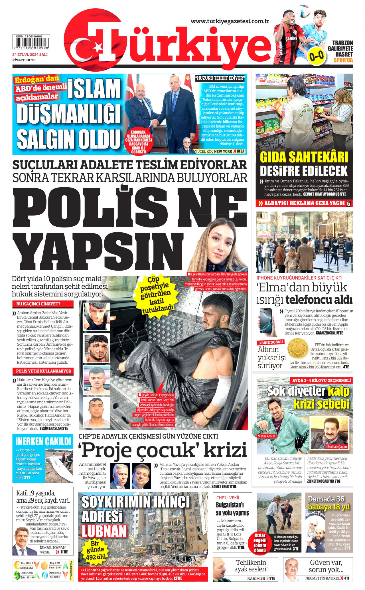 TÜRKİYE GAZETESİ gazetesinin 24 Eylül 2024 tarihli birinci sayfası