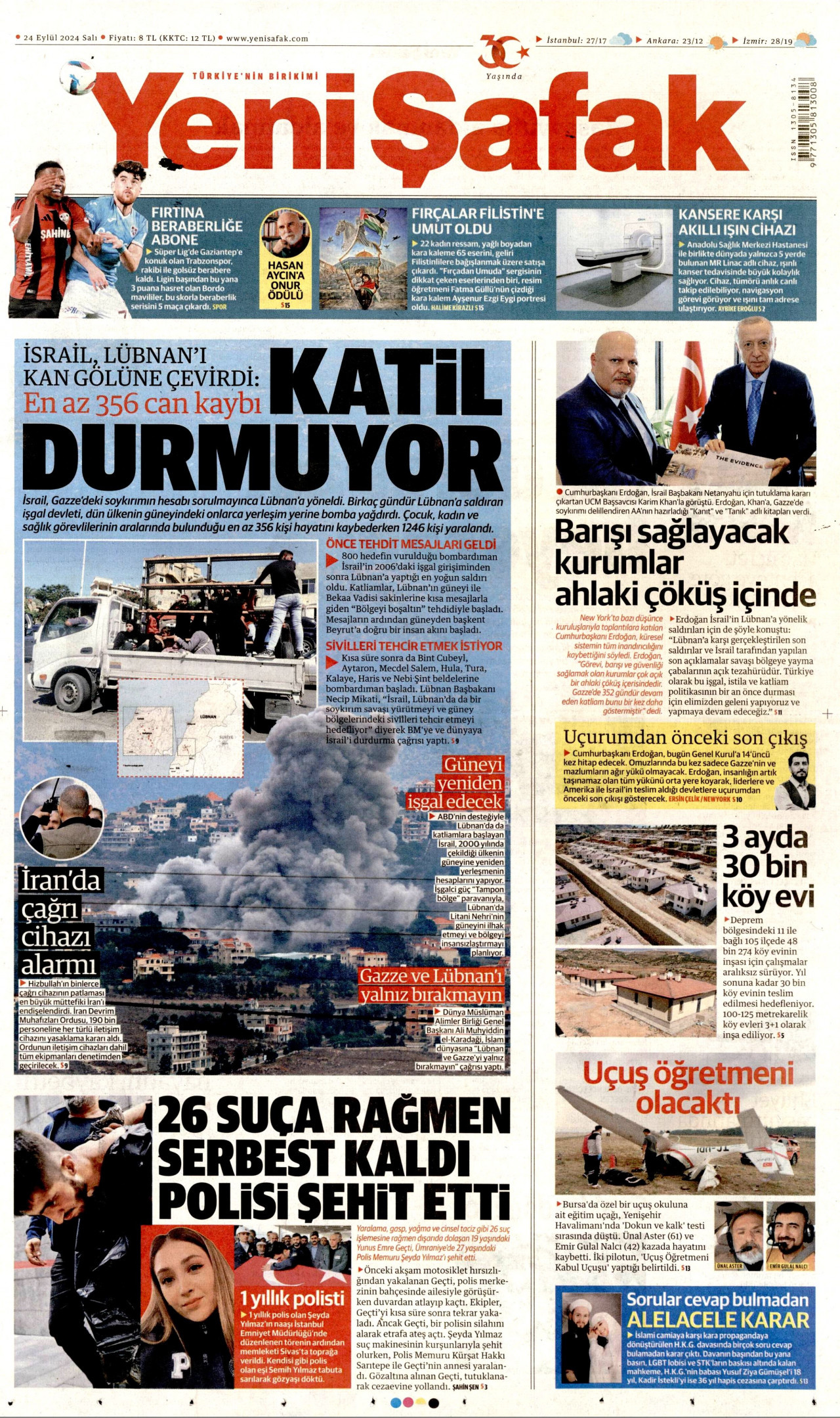 YENİ ŞAFAK gazetesinin 24 Eylül 2024 tarihli birinci sayfası