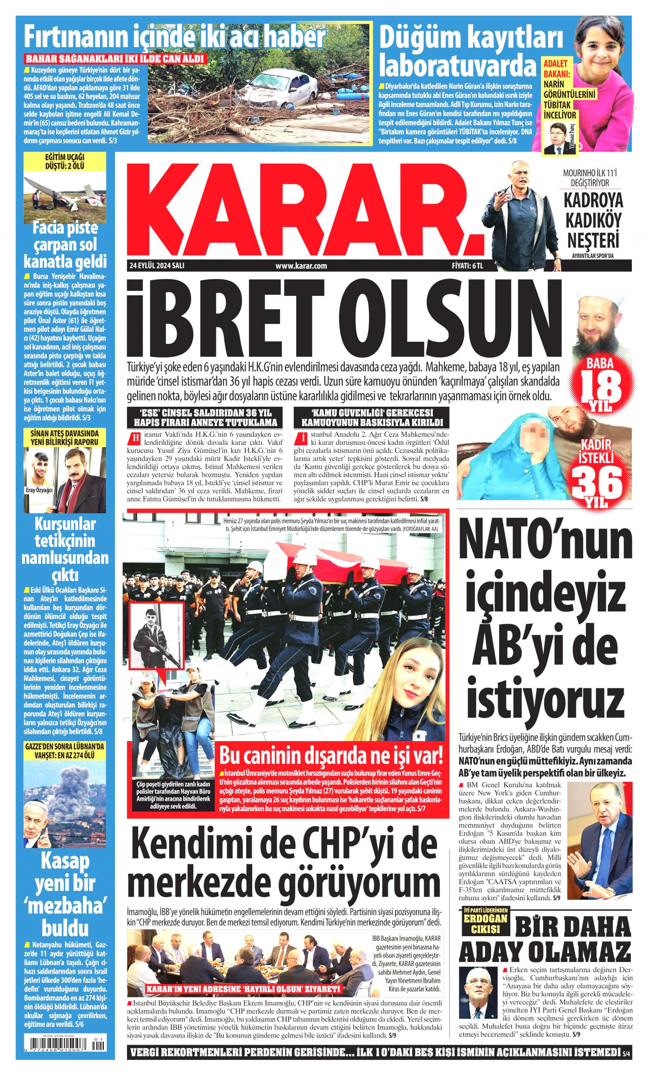 KARAR gazetesinin 24 Eylül 2024 tarihli birinci sayfası