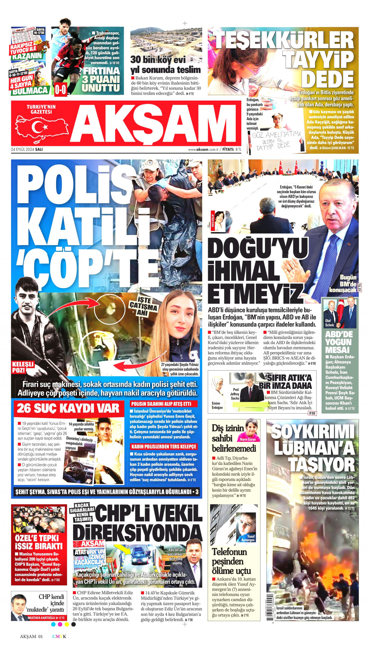 AKŞAM gazetesinin 24 Eylül 2024 tarihli birinci sayfası