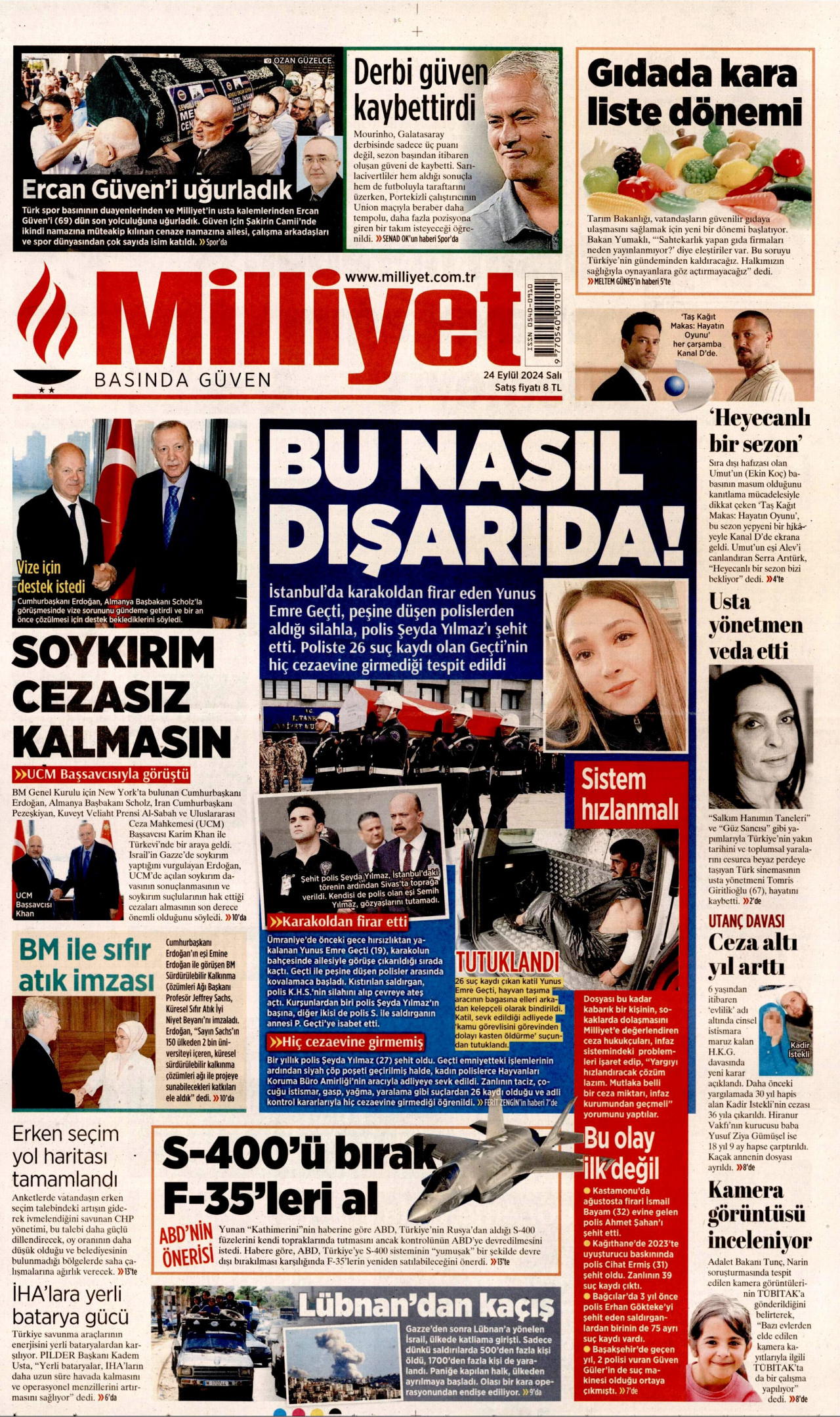 MİLLİYET gazetesinin 24 Eylül 2024 tarihli birinci sayfası
