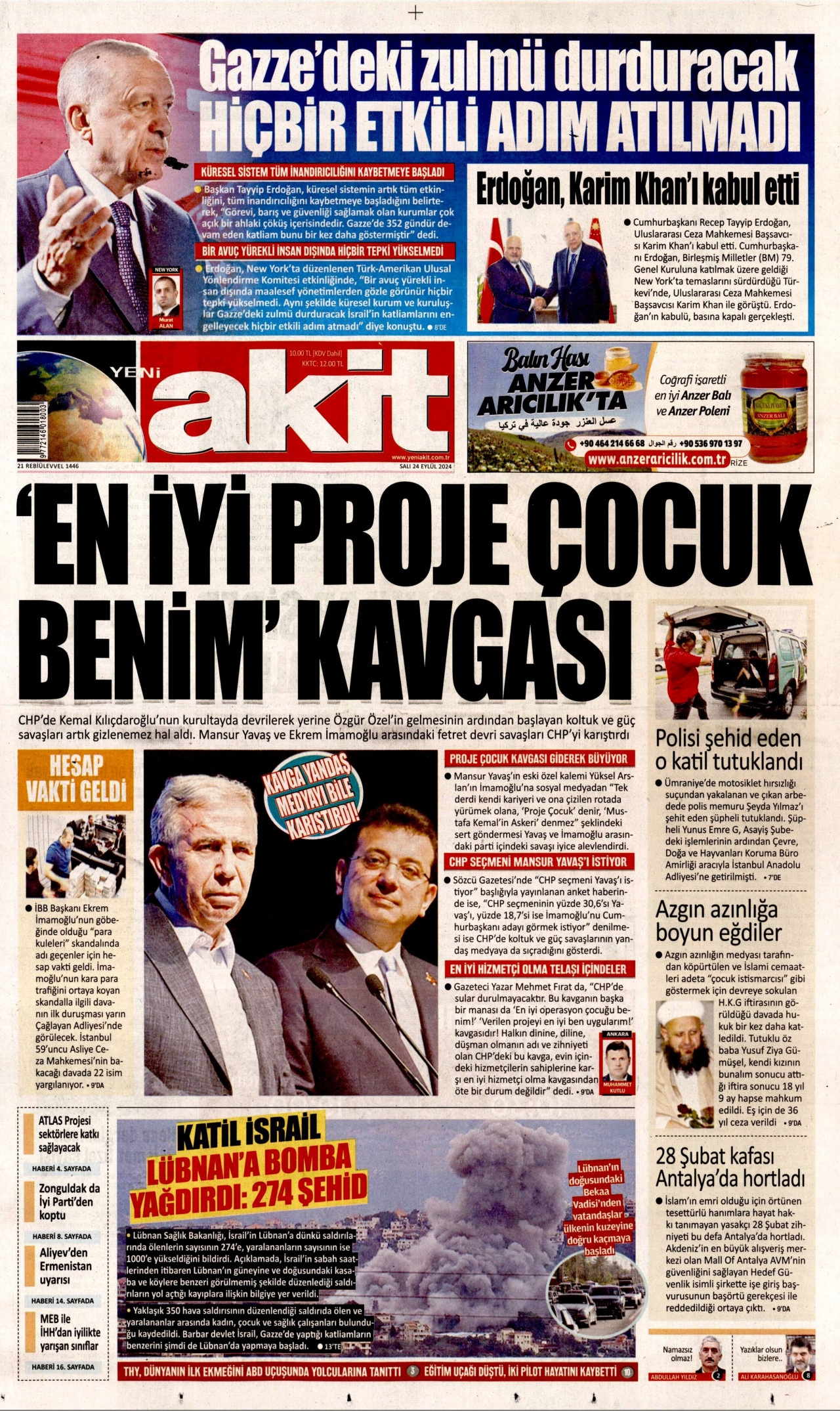 YENİ AKİT gazetesinin 24 Eylül 2024 tarihli birinci sayfası