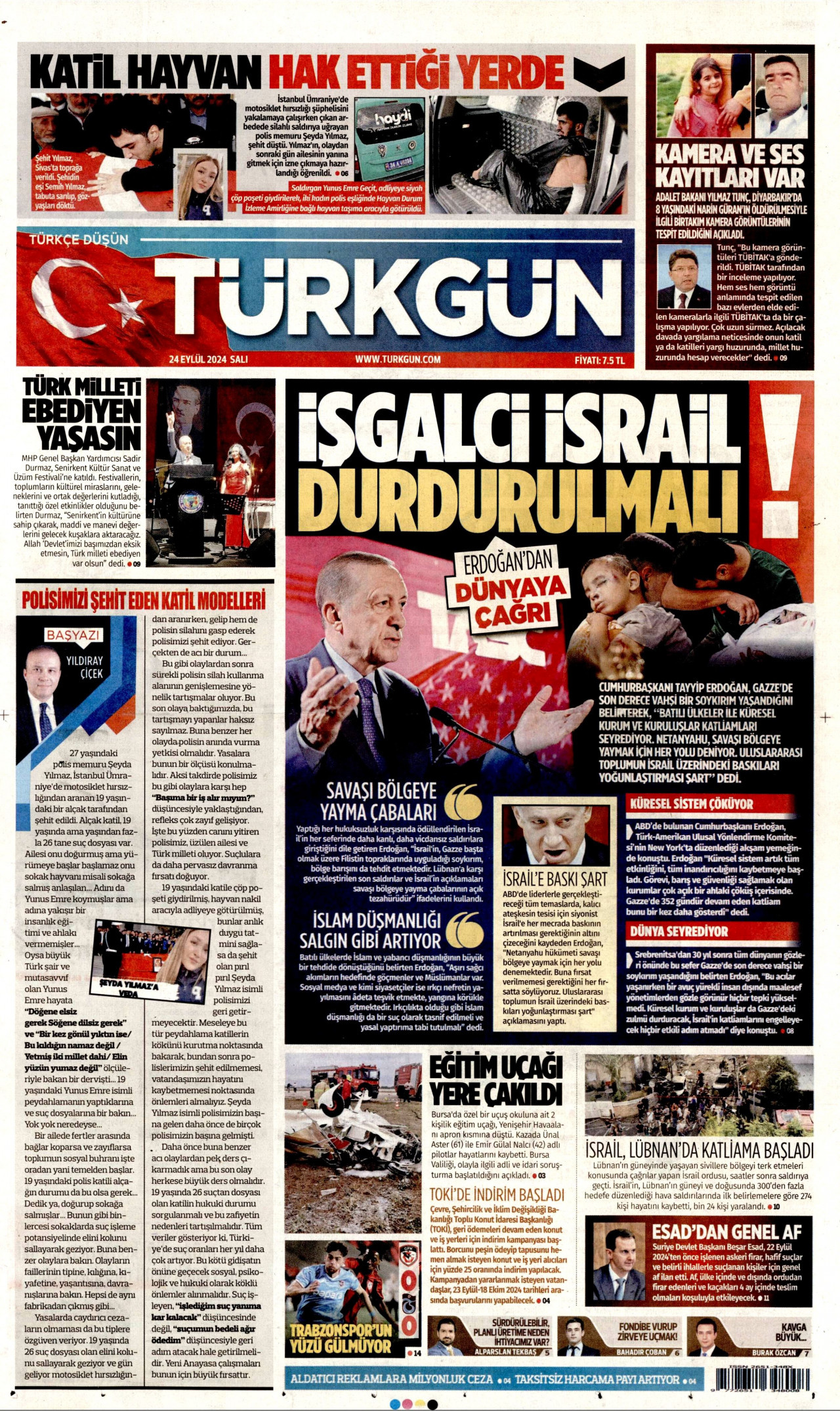 TÜRKGÜN gazetesinin 24 Eylül 2024 tarihli birinci sayfası