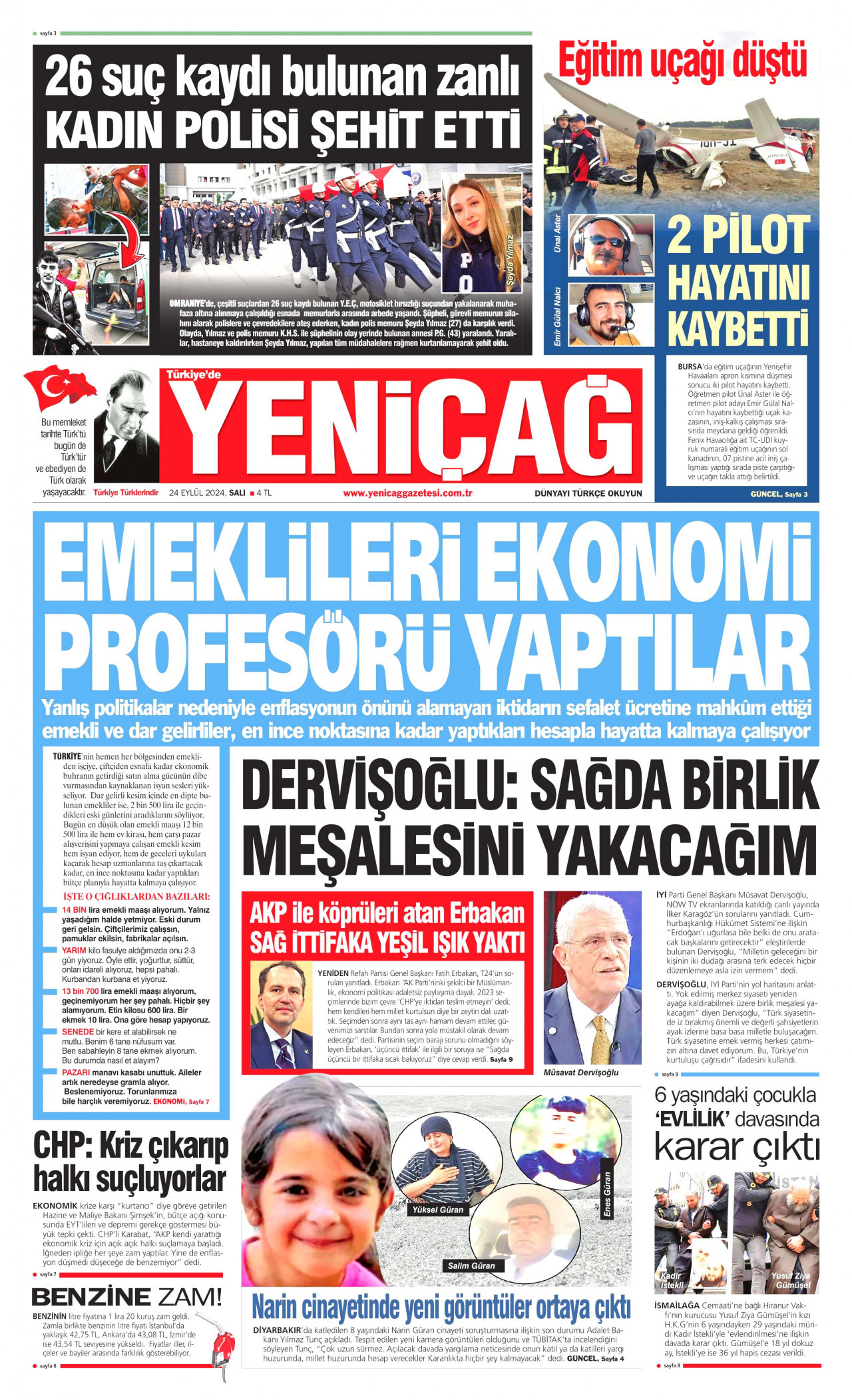 YENİÇAĞ gazetesinin 24 Eylül 2024 tarihli birinci sayfası