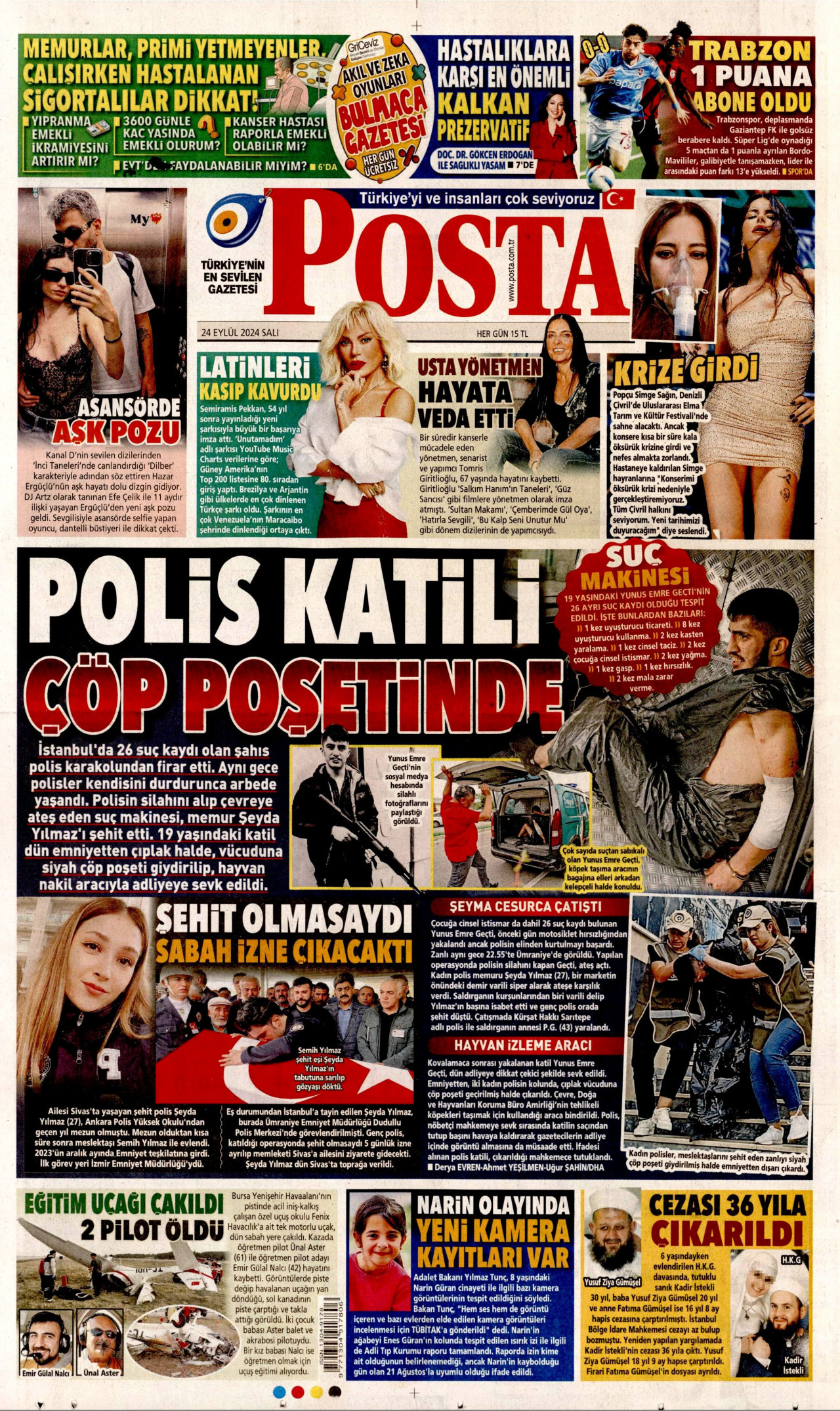 POSTA gazetesinin 24 Eylül 2024 tarihli birinci sayfası