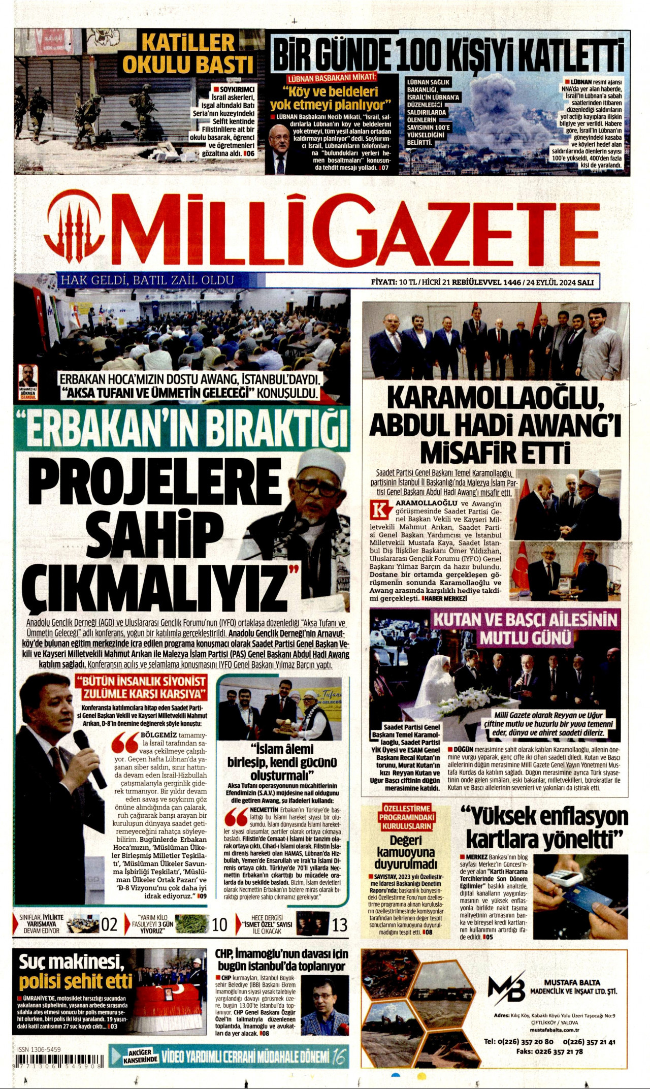 MİLLİ GAZETE gazetesinin 24 Eylül 2024 tarihli birinci sayfası