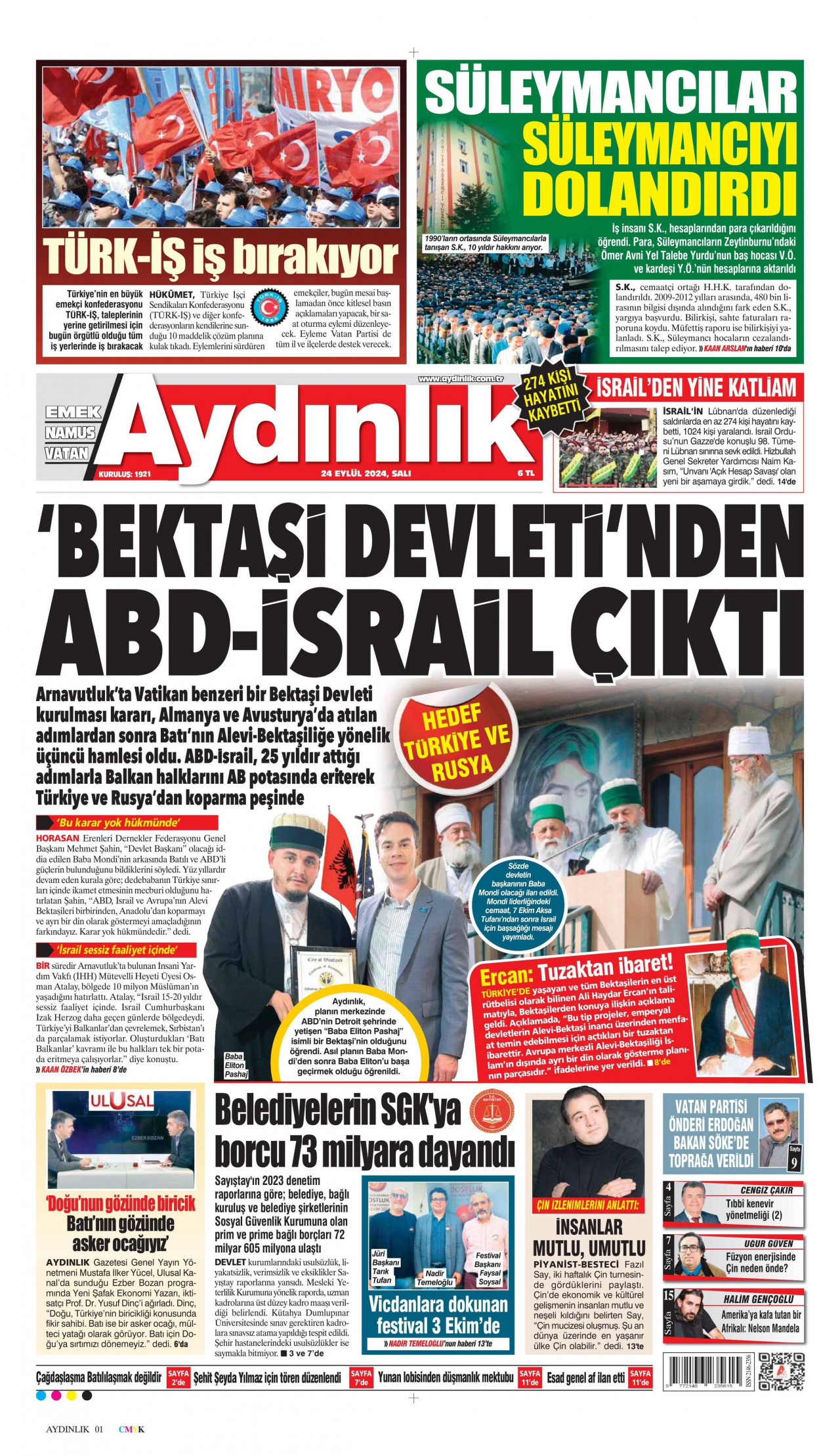 AYDINLIK GAZETESİ gazetesinin 24 Eylül 2024 tarihli birinci sayfası