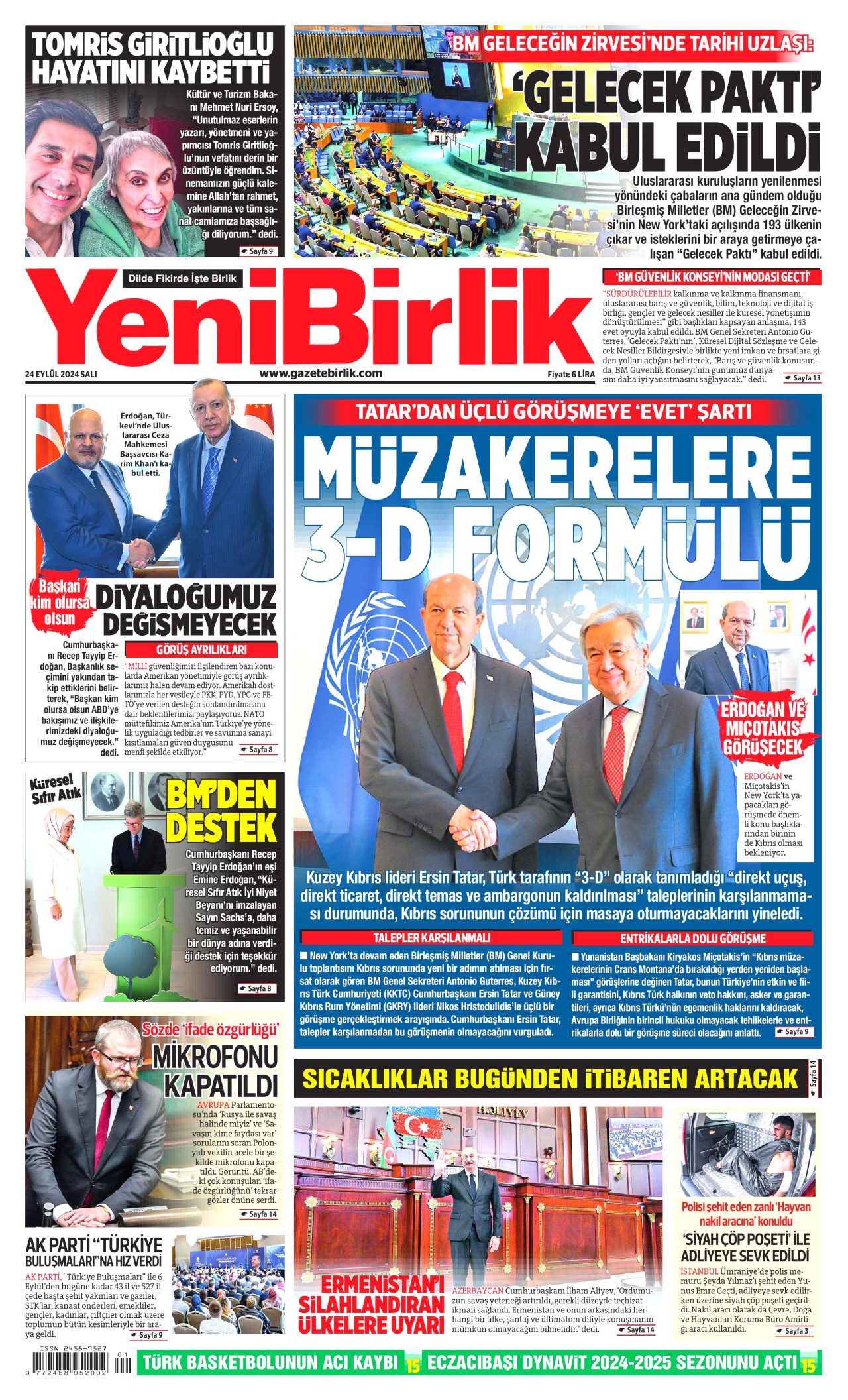 YENİBİRLİK gazetesinin 24 Eylül 2024 tarihli birinci sayfası