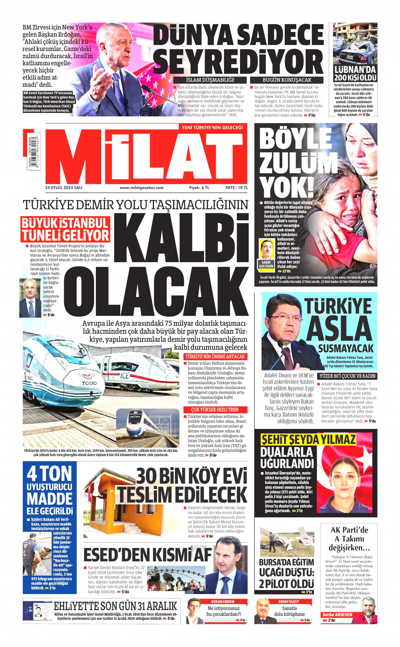 MİLAT gazetesinin 24 Eylül 2024 tarihli birinci sayfası