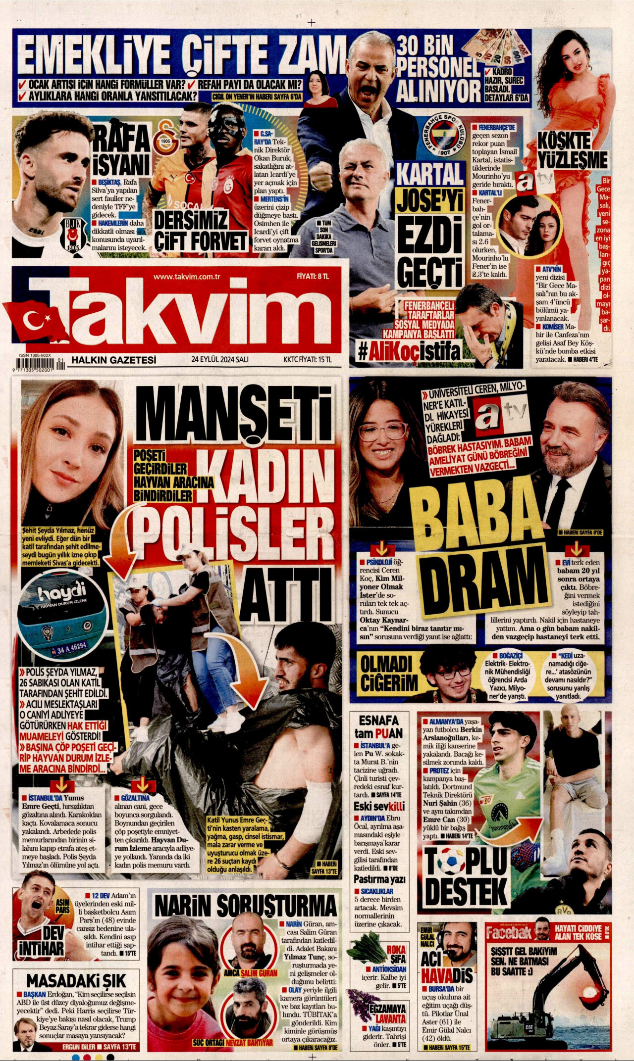 TAKVİM gazetesinin 24 Eylül 2024 tarihli birinci sayfası