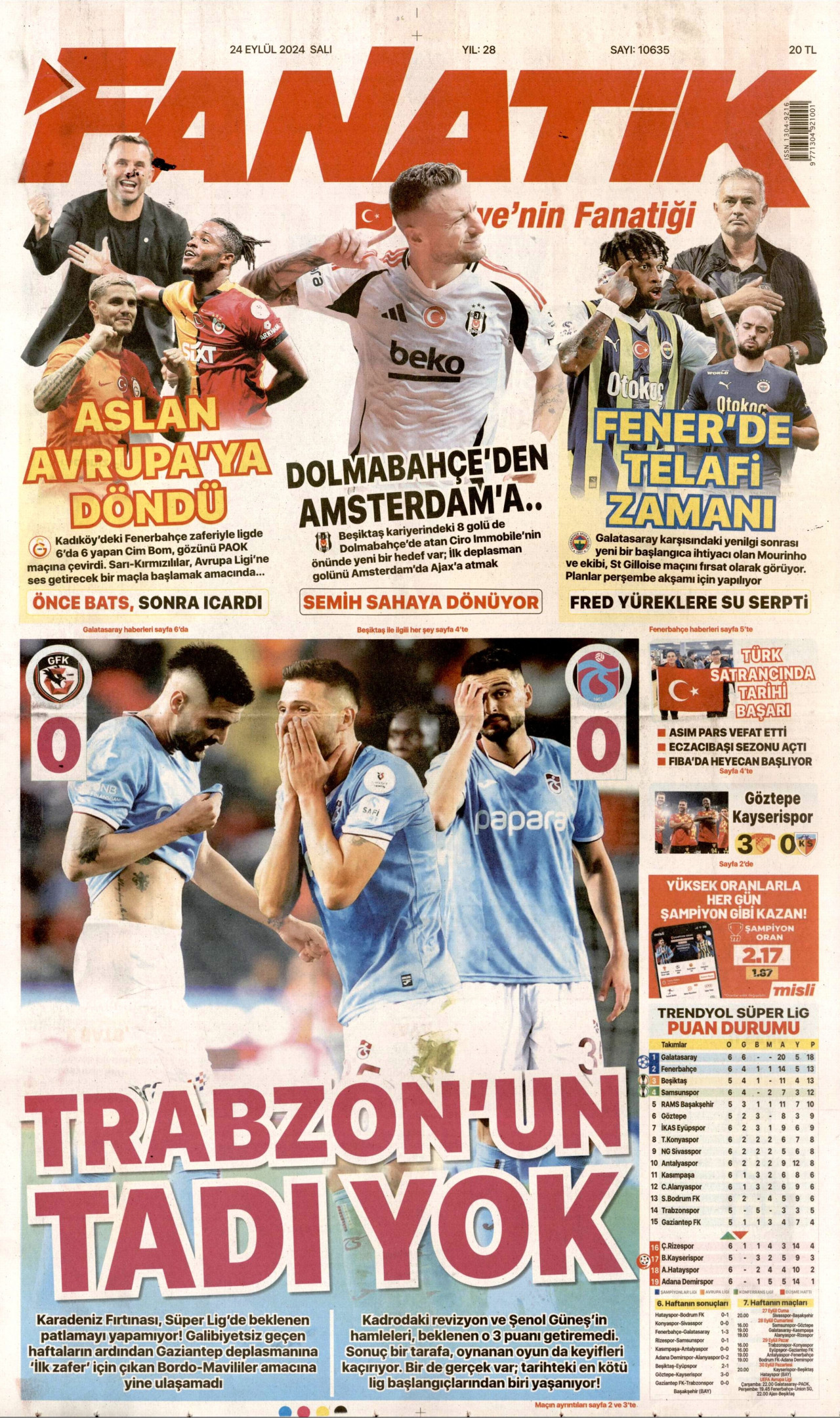 FANATİK gazetesinin 24 Eylül 2024 tarihli birinci sayfası
