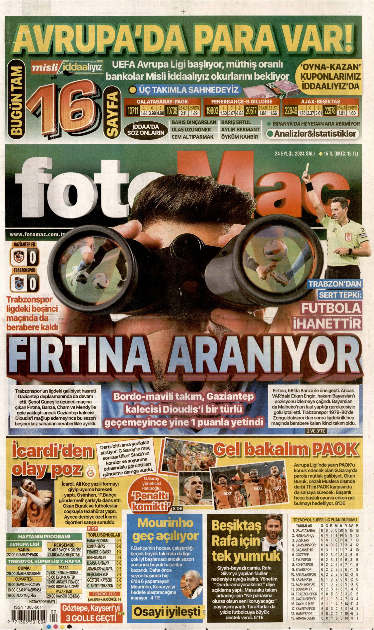 FOTOMAÇ gazetesinin 24 Eylül 2024 tarihli birinci sayfası