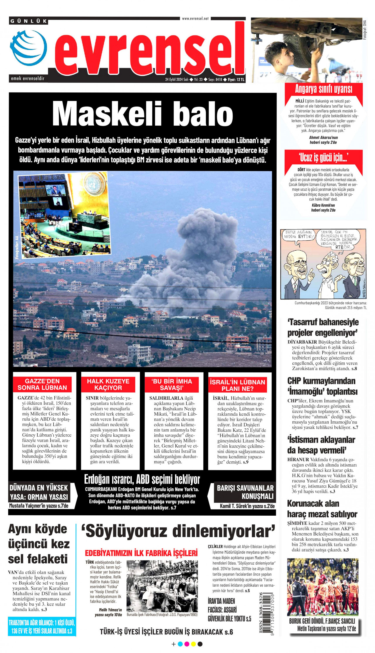 EVRENSEL gazetesinin 24 Eylül 2024 tarihli birinci sayfası