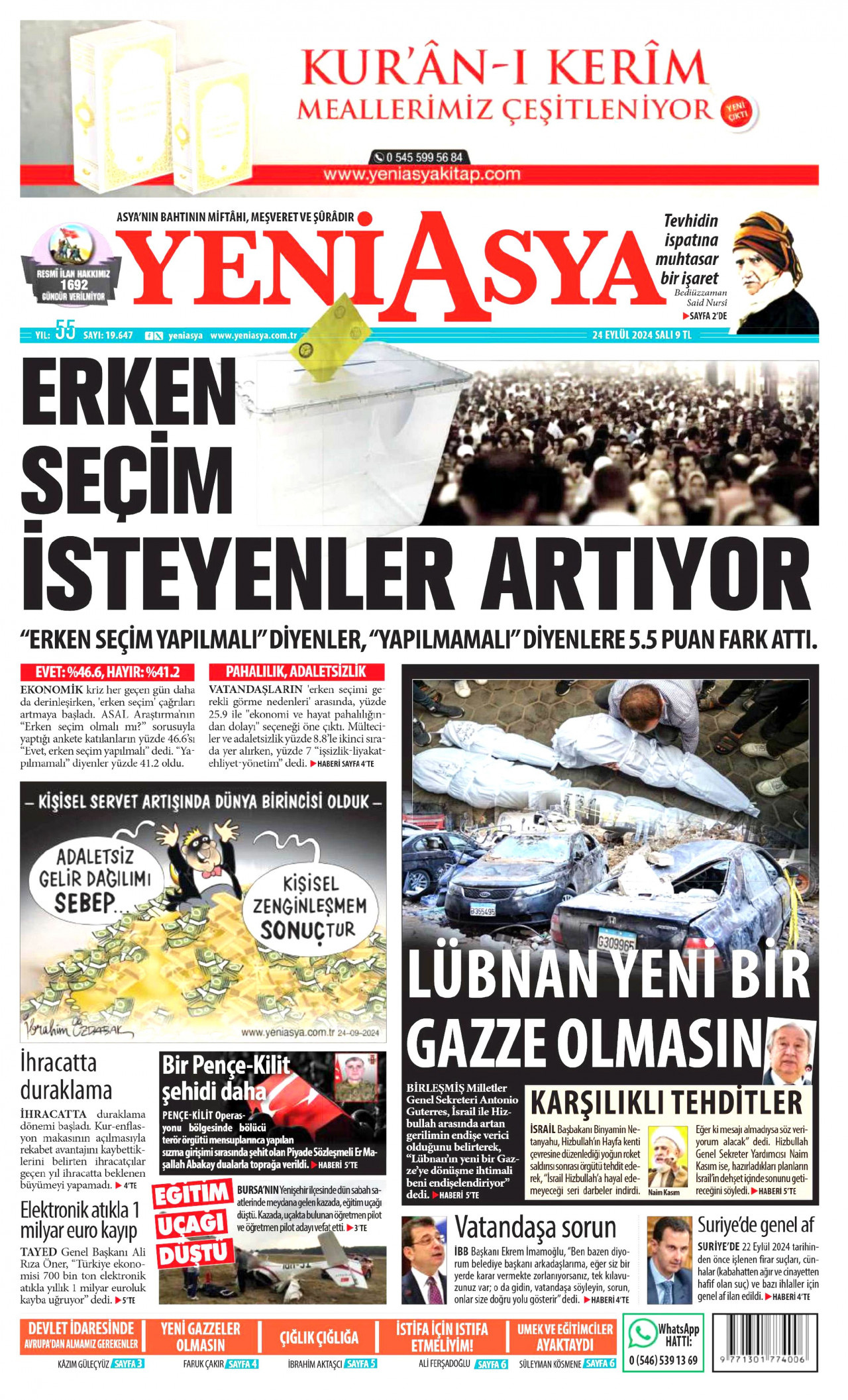 YENİ ASYA gazetesinin 24 Eylül 2024 tarihli birinci sayfası