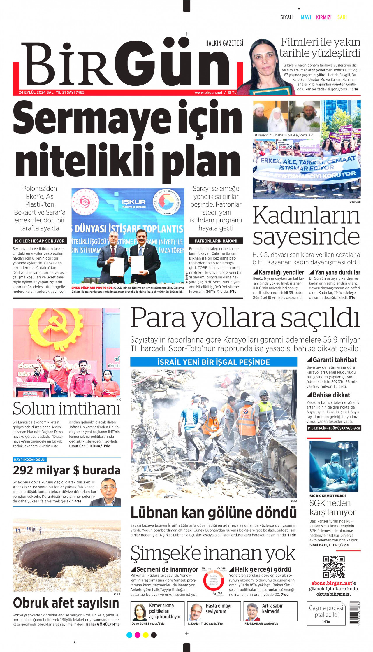 BİRGÜN gazetesinin 24 Eylül 2024 tarihli birinci sayfası
