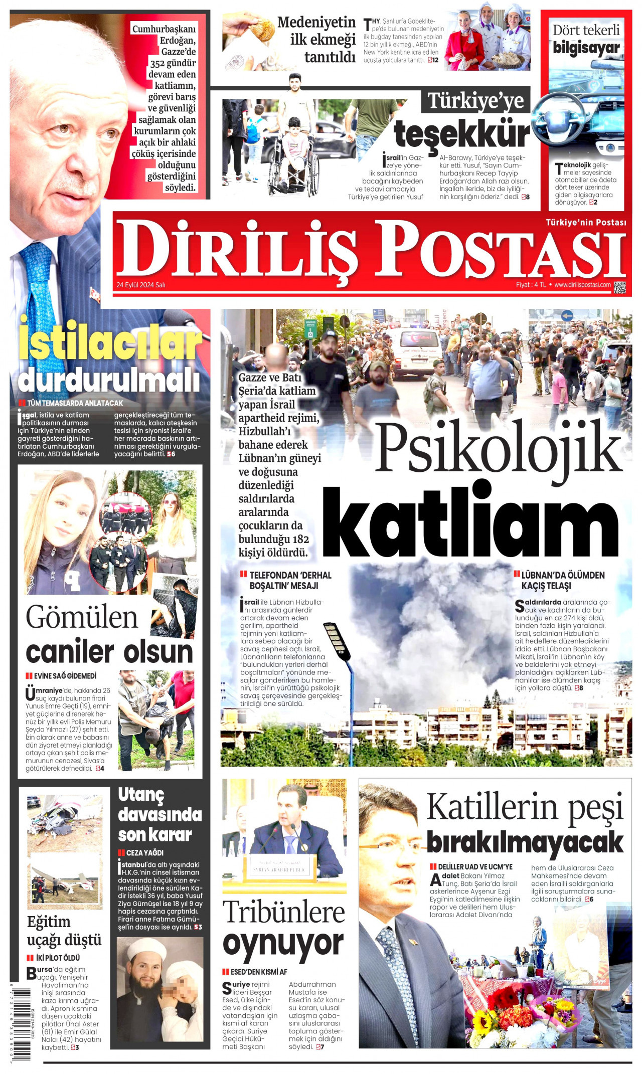 DİRİLİŞ POSTASI gazetesinin 24 Eylül 2024 tarihli birinci sayfası