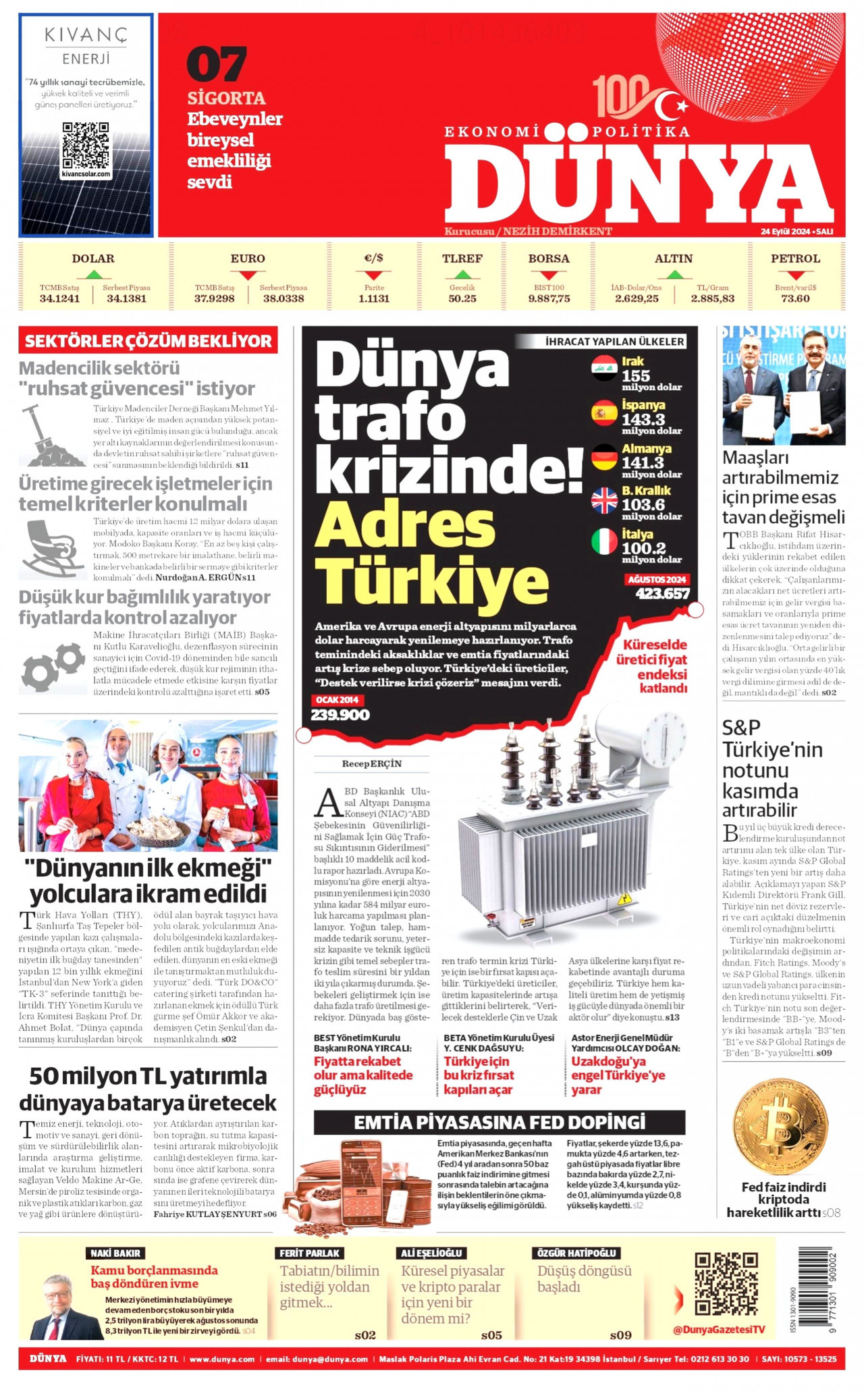 DÜNYA gazetesinin 24 Eylül 2024 tarihli birinci sayfası