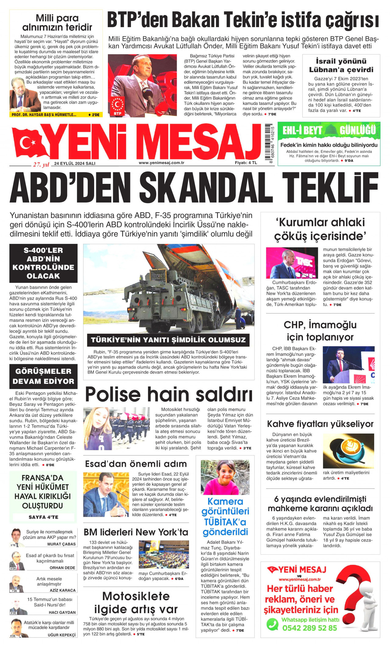YENİ MESAJ gazetesinin 24 Eylül 2024 tarihli birinci sayfası