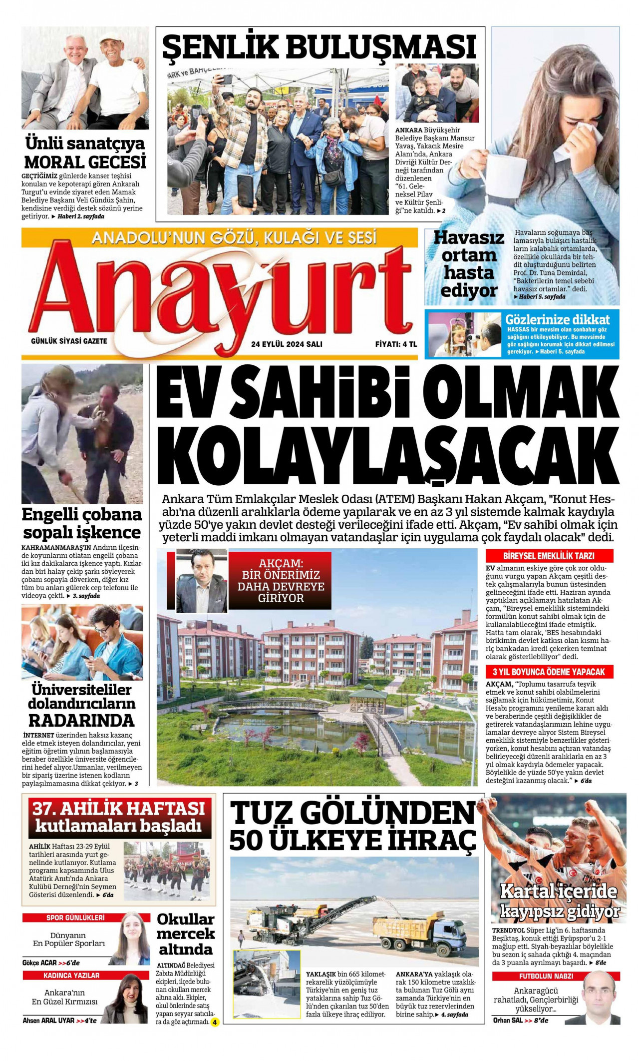 ANAYURT gazetesinin 24 Eylül 2024 tarihli birinci sayfası