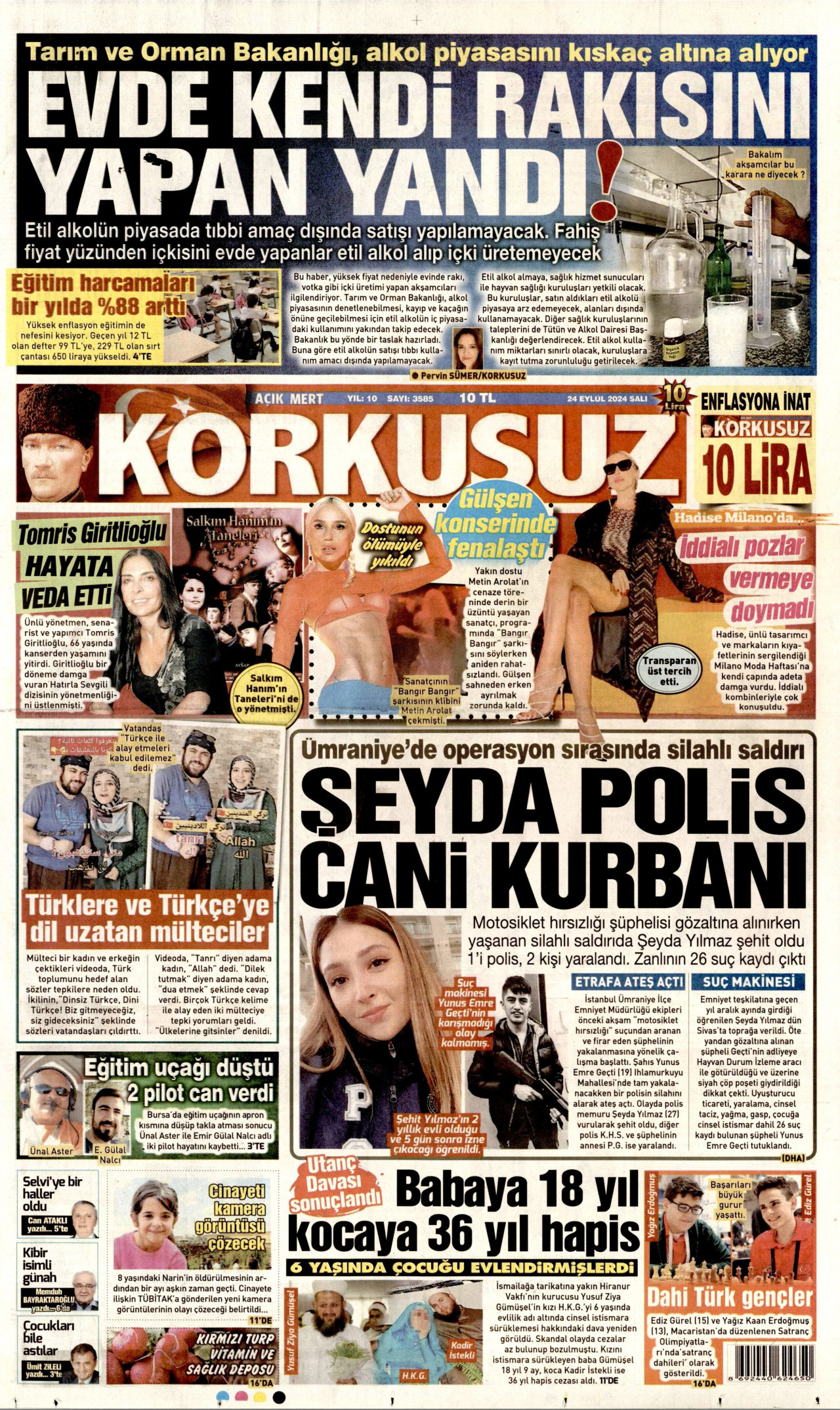 KORKUSUZ gazetesinin 24 Eylül 2024 tarihli birinci sayfası
