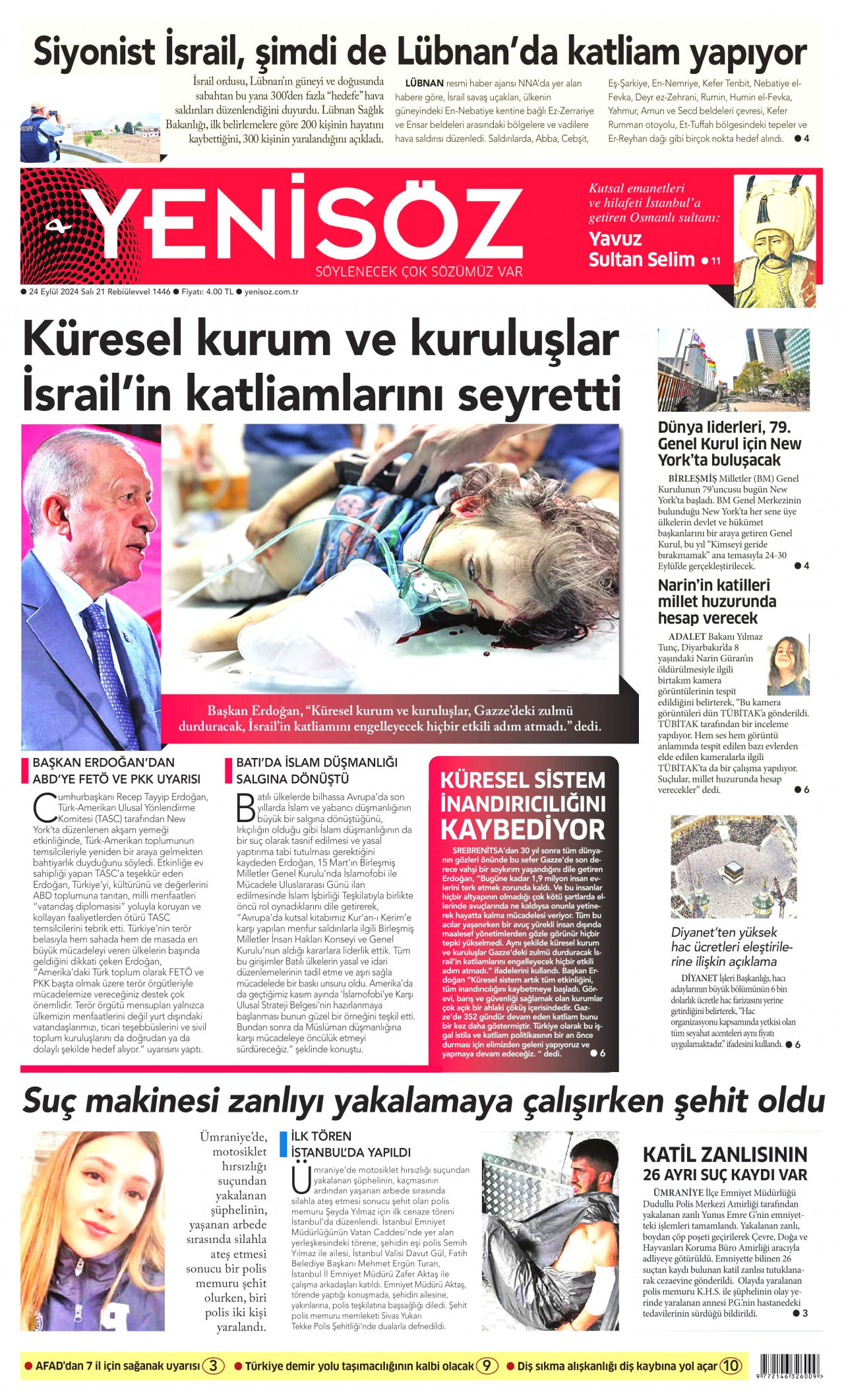 YENİ SÖZ GAZETESİ gazetesinin 24 Eylül 2024 tarihli birinci sayfası