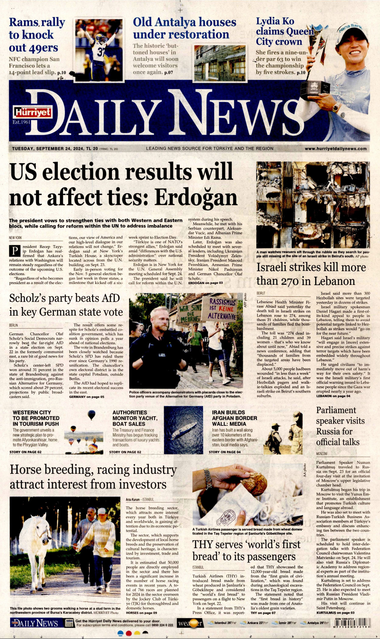 HÜRRİYET DAİLY NEWS gazetesinin 24 Eylül 2024 tarihli birinci sayfası