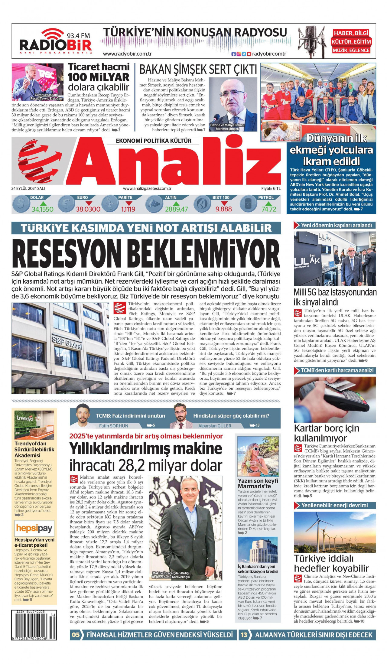 ANALİZ gazetesinin 24 Eylül 2024 tarihli birinci sayfası