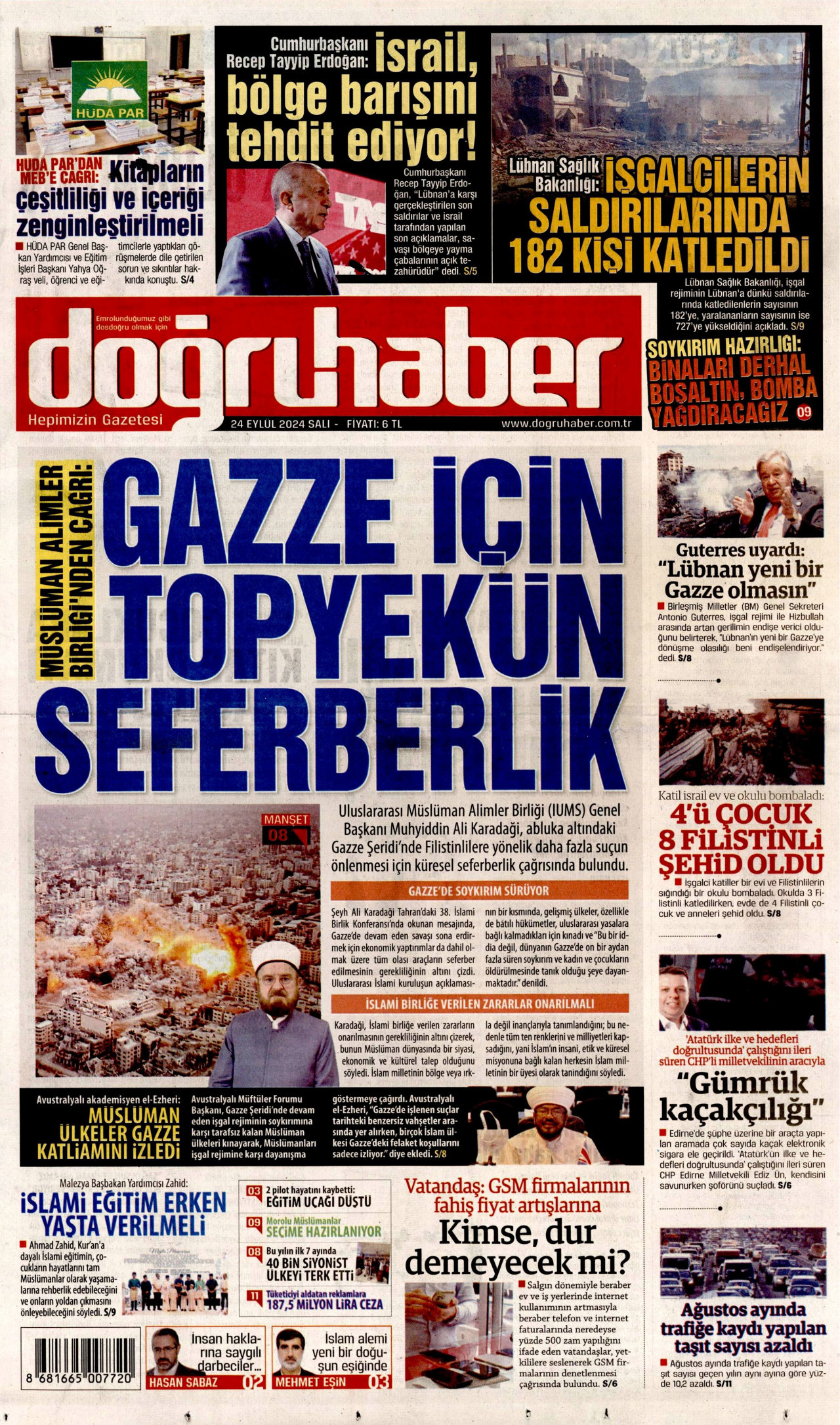 DOĞRU HABER gazetesinin 24 Eylül 2024 tarihli birinci sayfası
