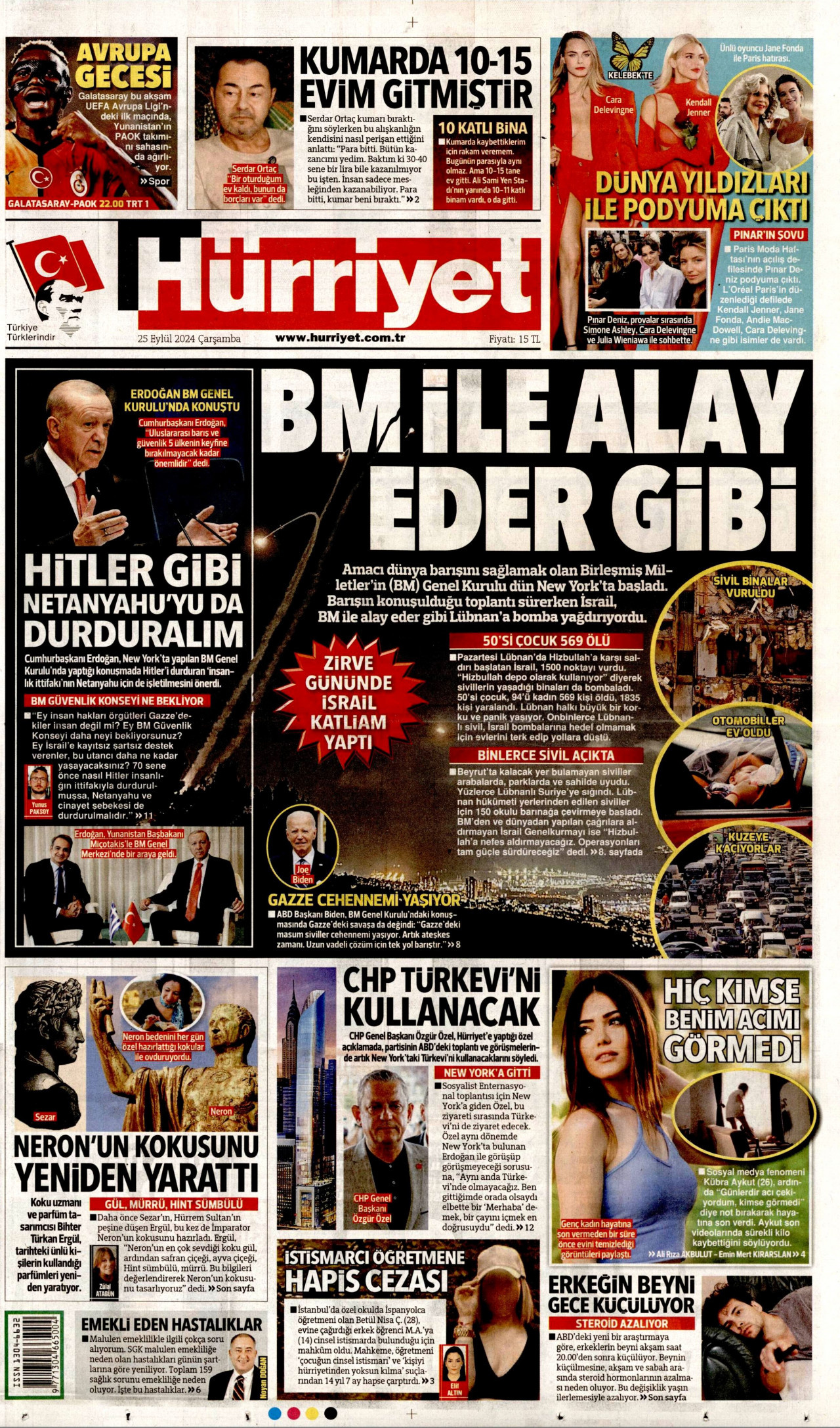 HÜRRİYET gazetesinin 25 Eylül 2024 tarihli birinci sayfası