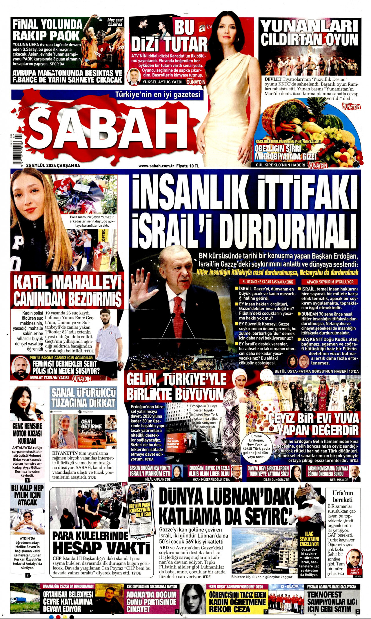 SABAH gazetesinin 25 Eylül 2024 tarihli birinci sayfası