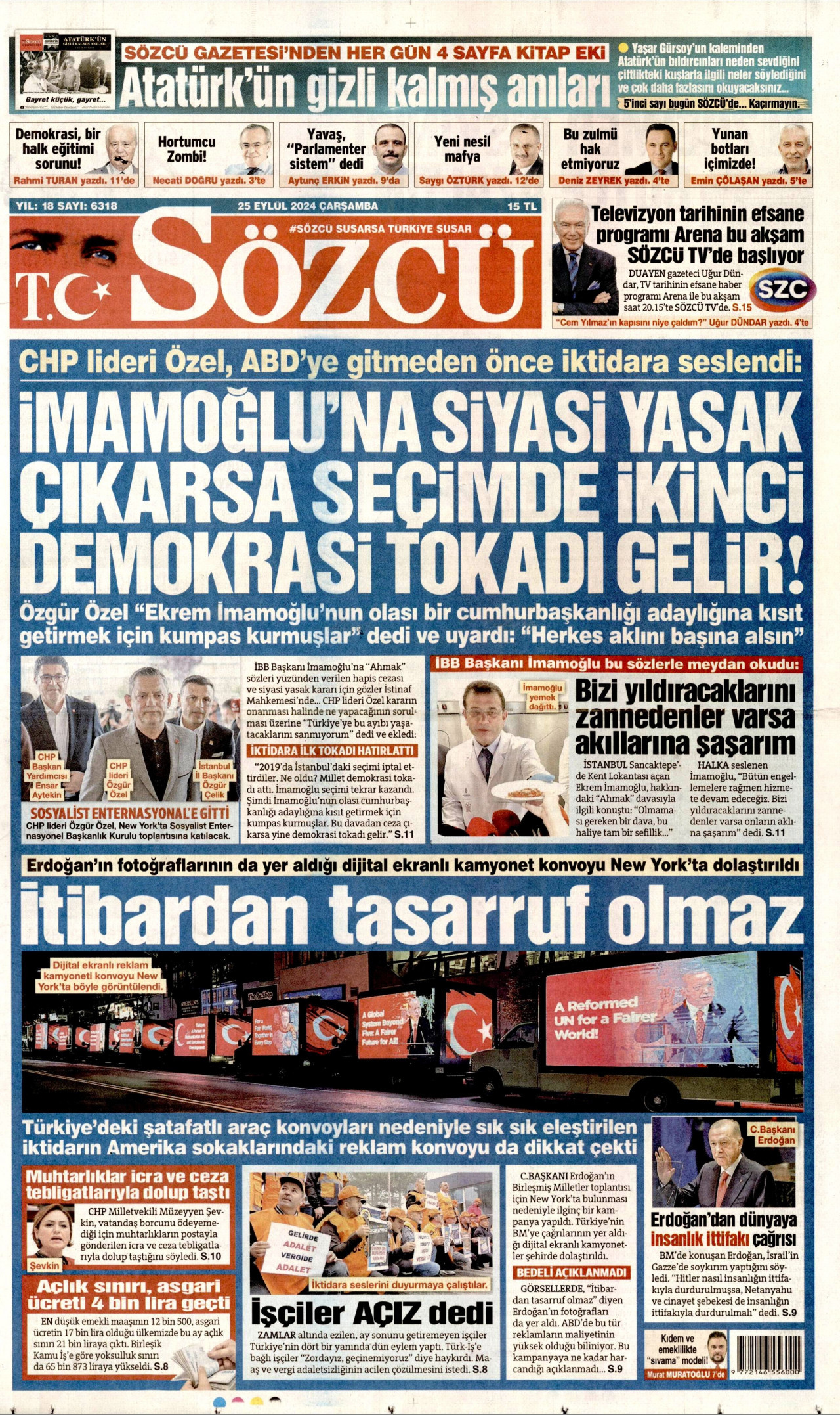 SÖZCÜ gazetesinin 25 Eylül 2024 tarihli birinci sayfası