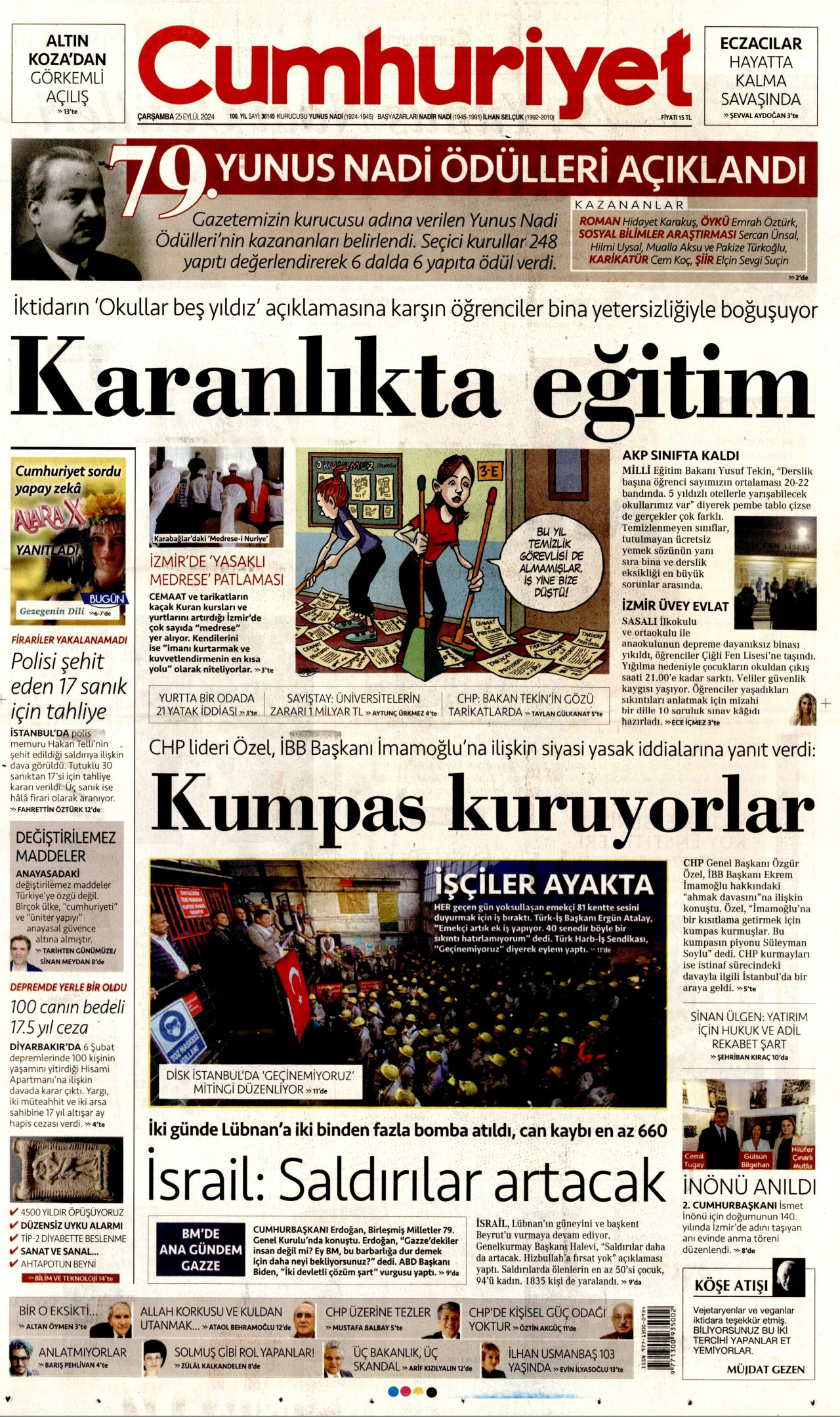 CUMHURİYET gazetesinin 25 Eylül 2024 tarihli birinci sayfası