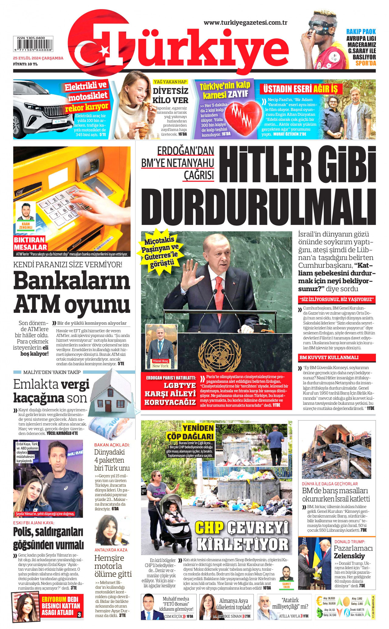 TÜRKİYE GAZETESİ gazetesinin 25 Eylül 2024 tarihli birinci sayfası