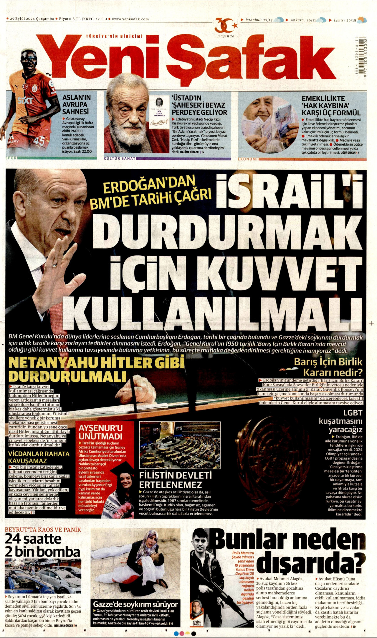 YENİ ŞAFAK gazetesinin 25 Eylül 2024 tarihli birinci sayfası