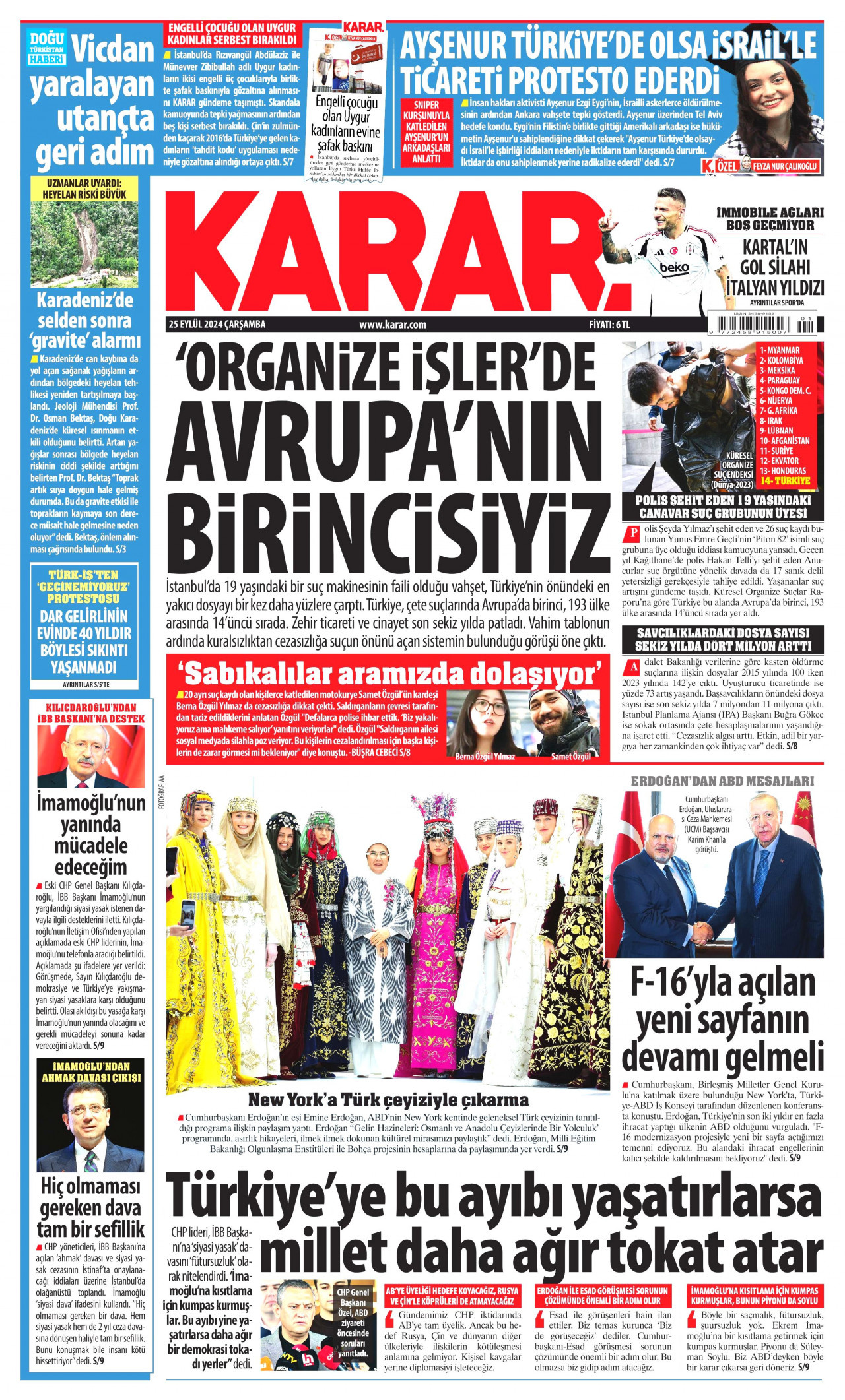 KARAR gazetesinin 25 Eylül 2024 tarihli birinci sayfası