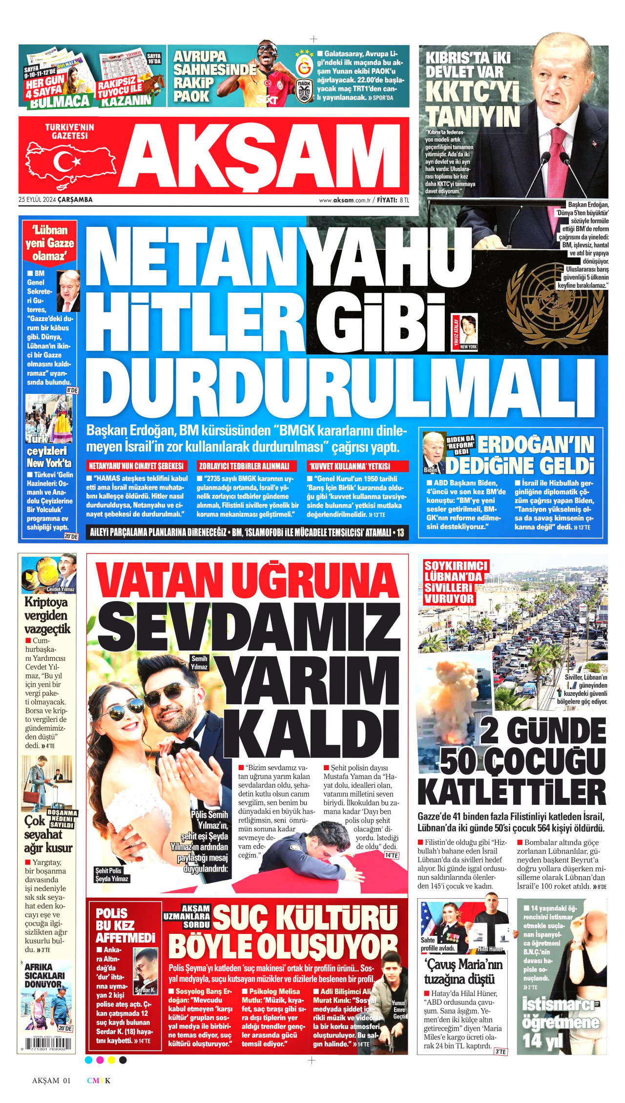 AKŞAM gazetesinin 25 Eylül 2024 tarihli birinci sayfası