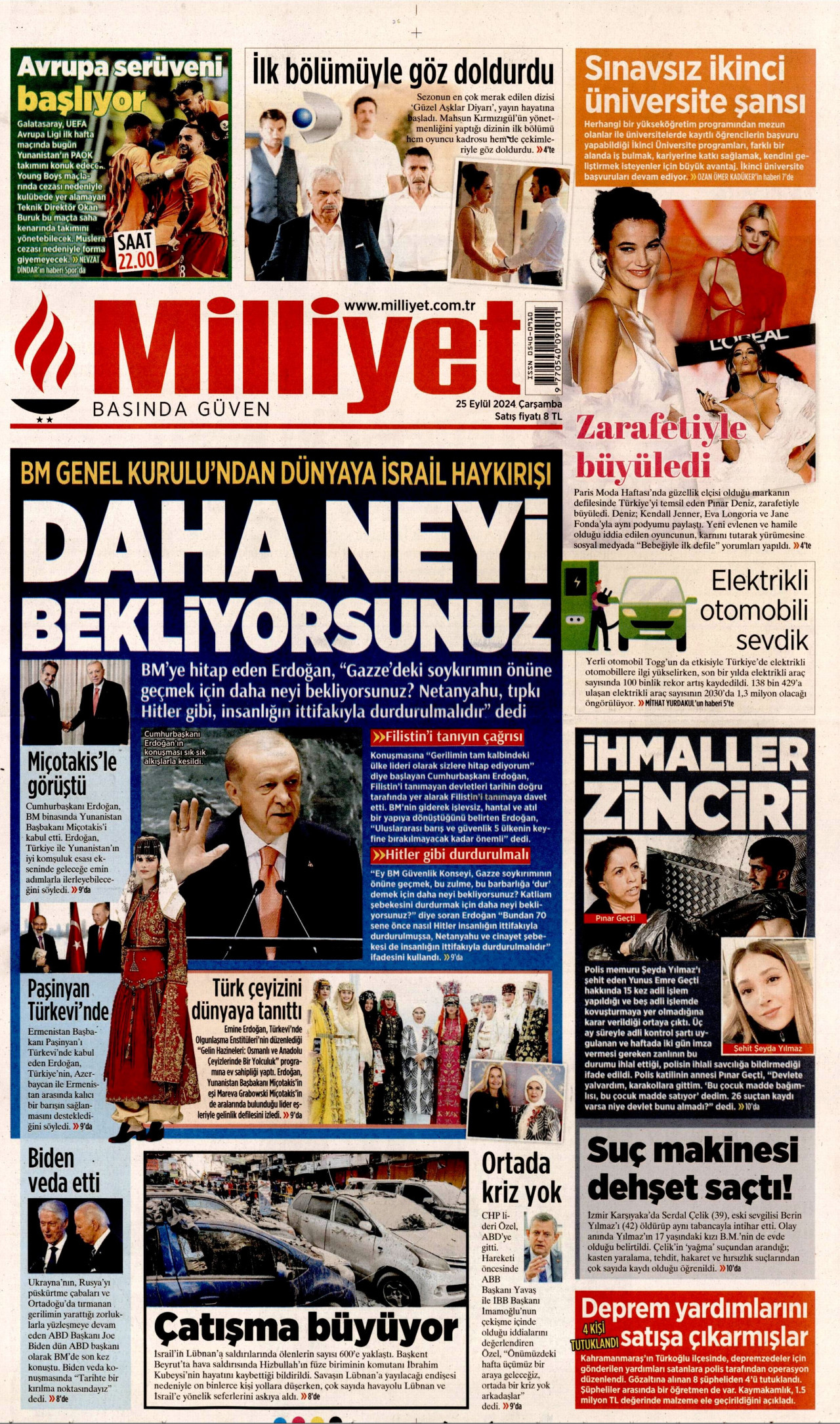 MİLLİYET gazetesinin 25 Eylül 2024 tarihli birinci sayfası