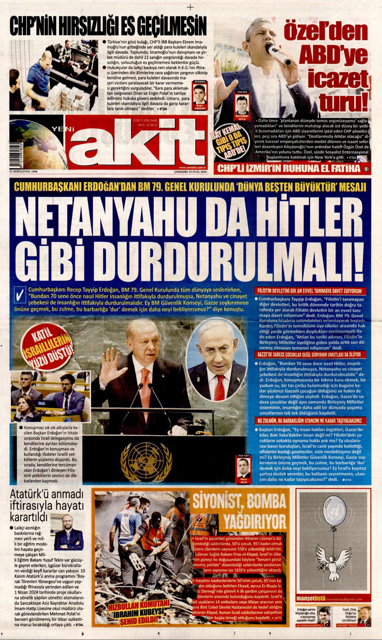 YENİ AKİT gazetesinin 25 Eylül 2024 tarihli birinci sayfası