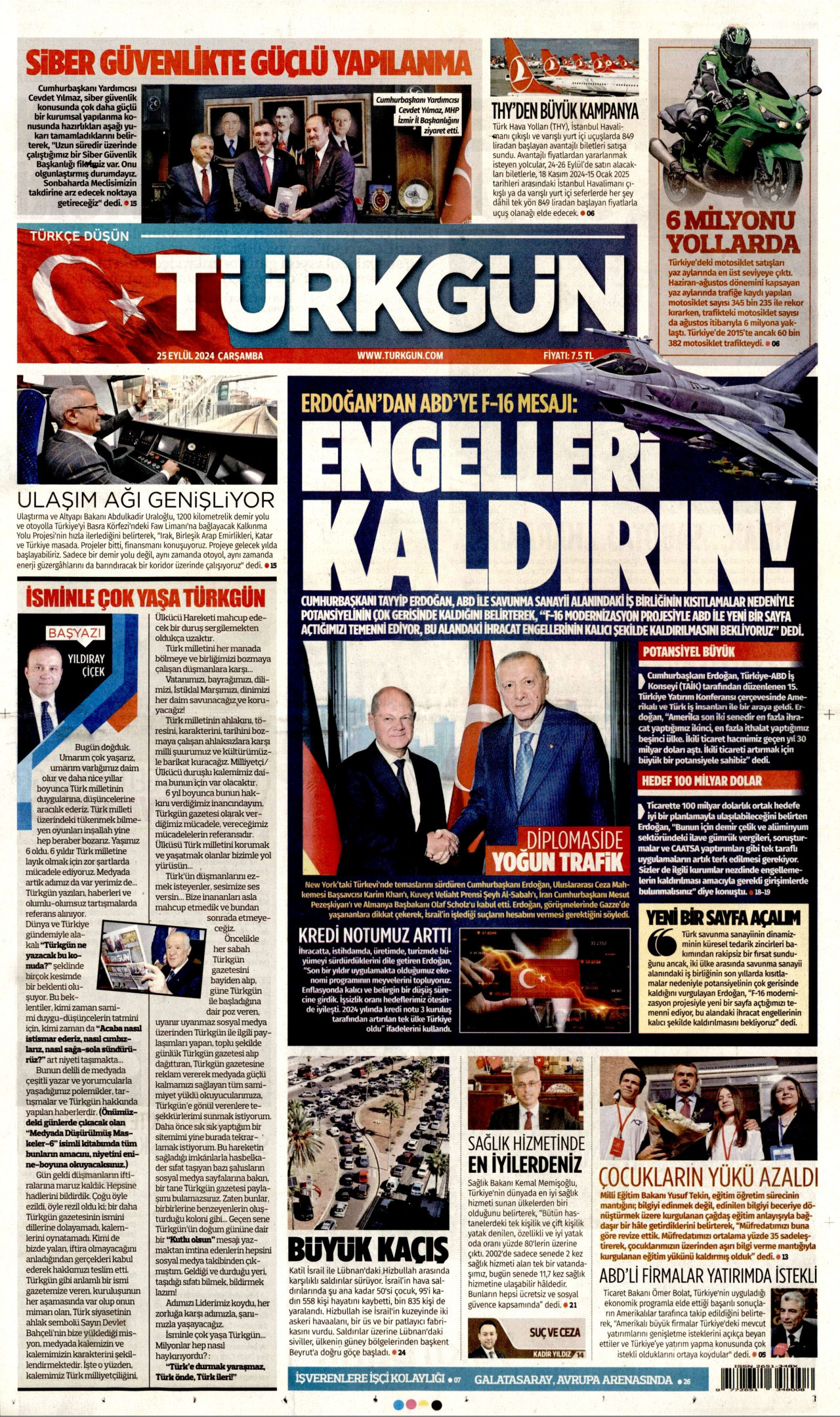 TÜRKGÜN gazetesinin 25 Eylül 2024 tarihli birinci sayfası