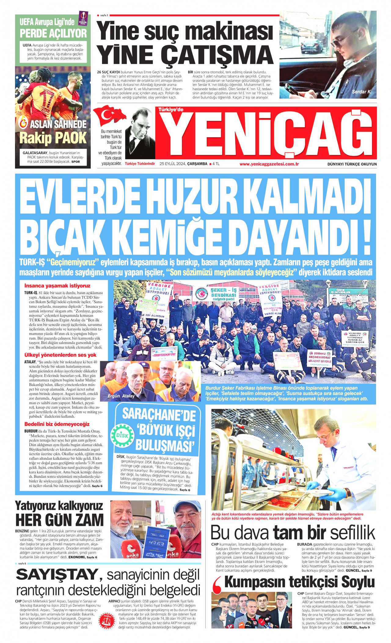 YENİÇAĞ gazetesinin 25 Eylül 2024 tarihli birinci sayfası