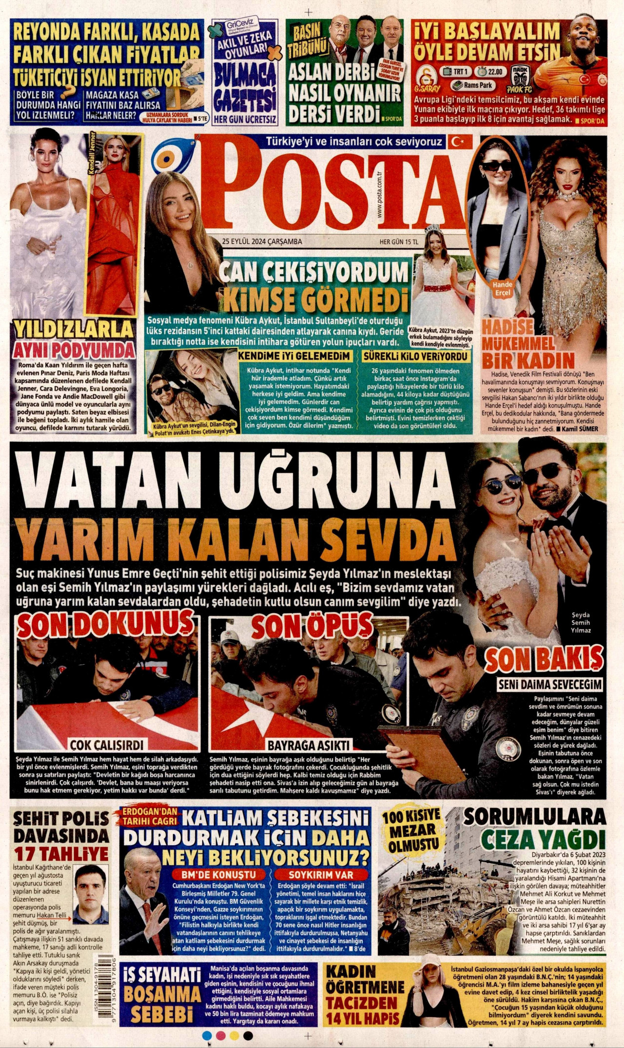 POSTA gazetesinin 25 Eylül 2024 tarihli birinci sayfası