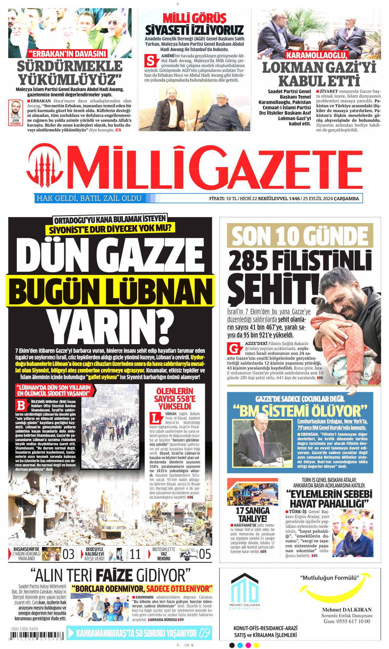 MİLLİ GAZETE gazetesinin 25 Eylül 2024 tarihli birinci sayfası