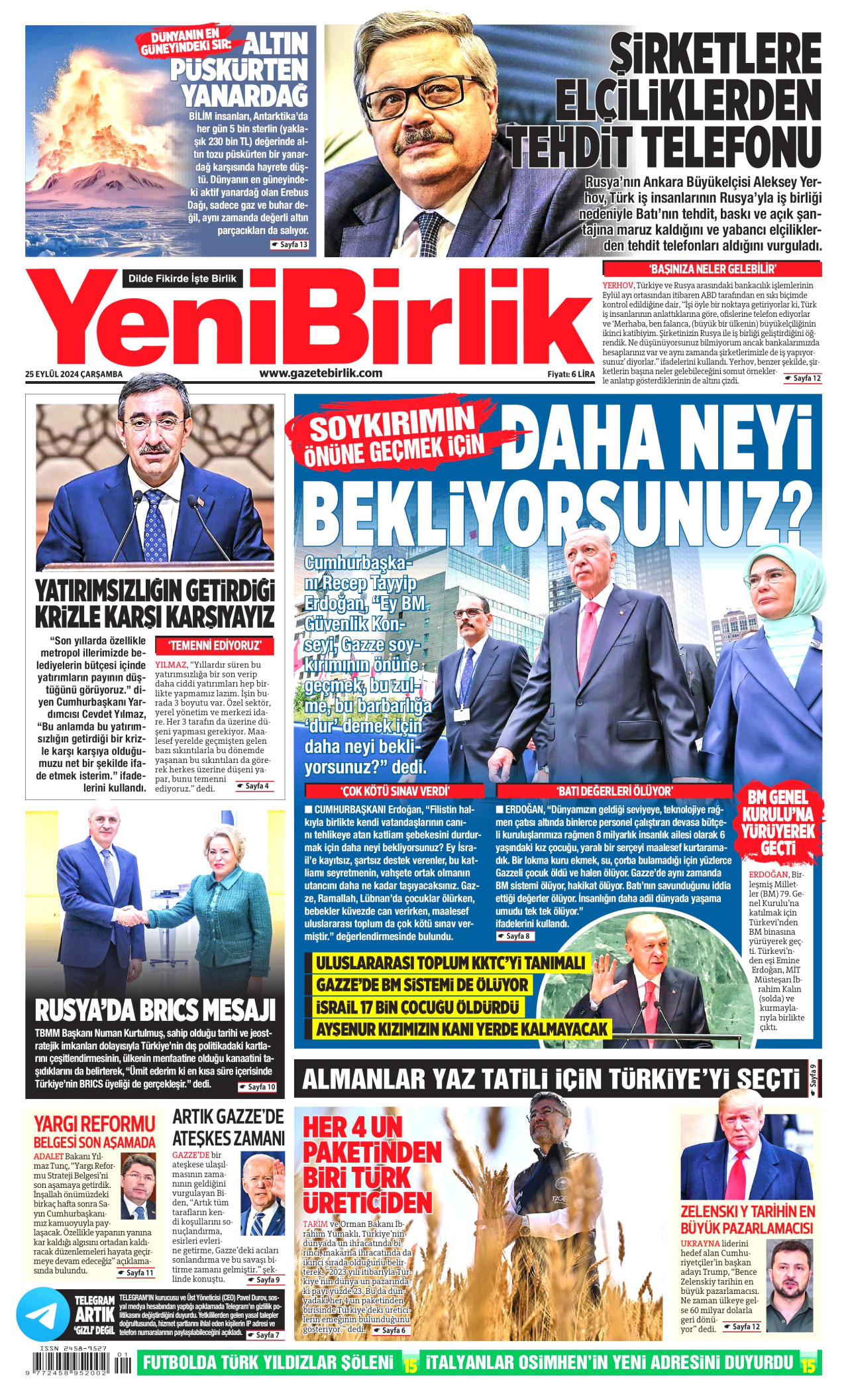 YENİBİRLİK gazetesinin 25 Eylül 2024 tarihli birinci sayfası