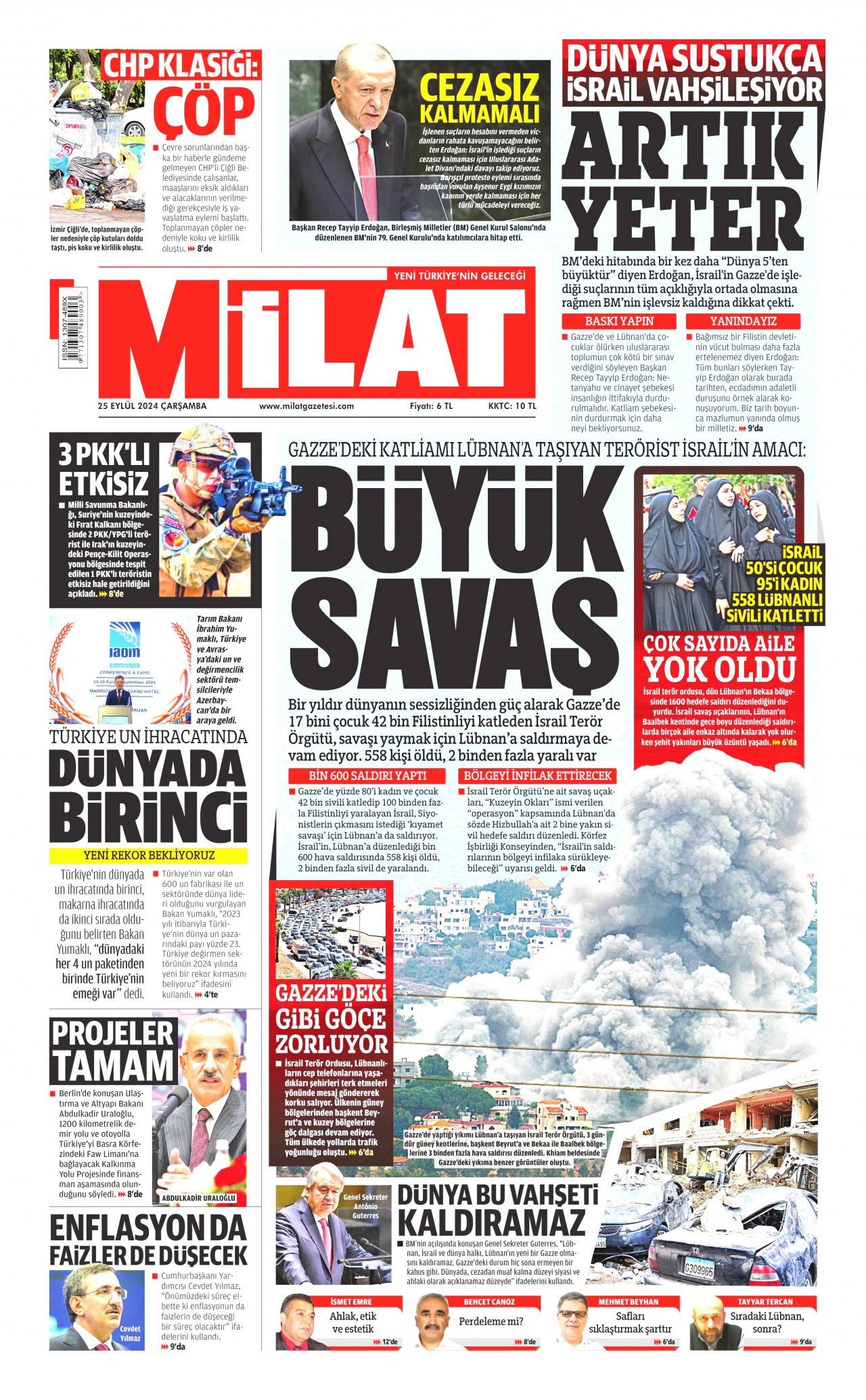 MİLAT gazetesinin 25 Eylül 2024 tarihli birinci sayfası