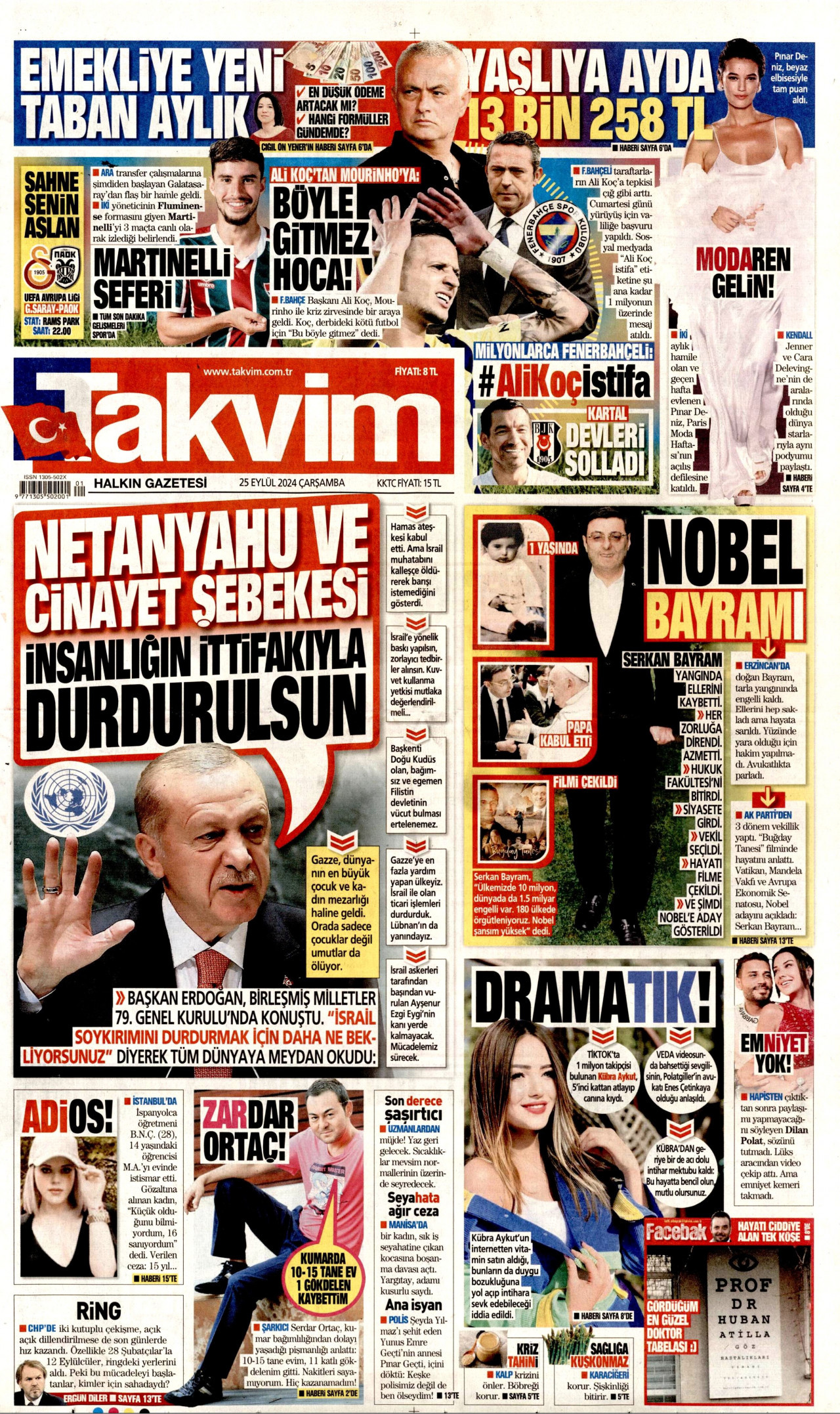 TAKVİM gazetesinin 25 Eylül 2024 tarihli birinci sayfası